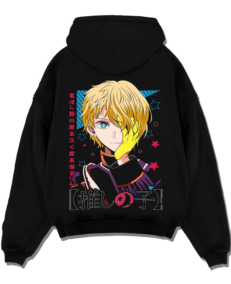 Black pullover hoodie laid flat with Aqua Hoodie Oshi no Ko Manga Star Idol Eye Portrait graphic streetwear graphic.