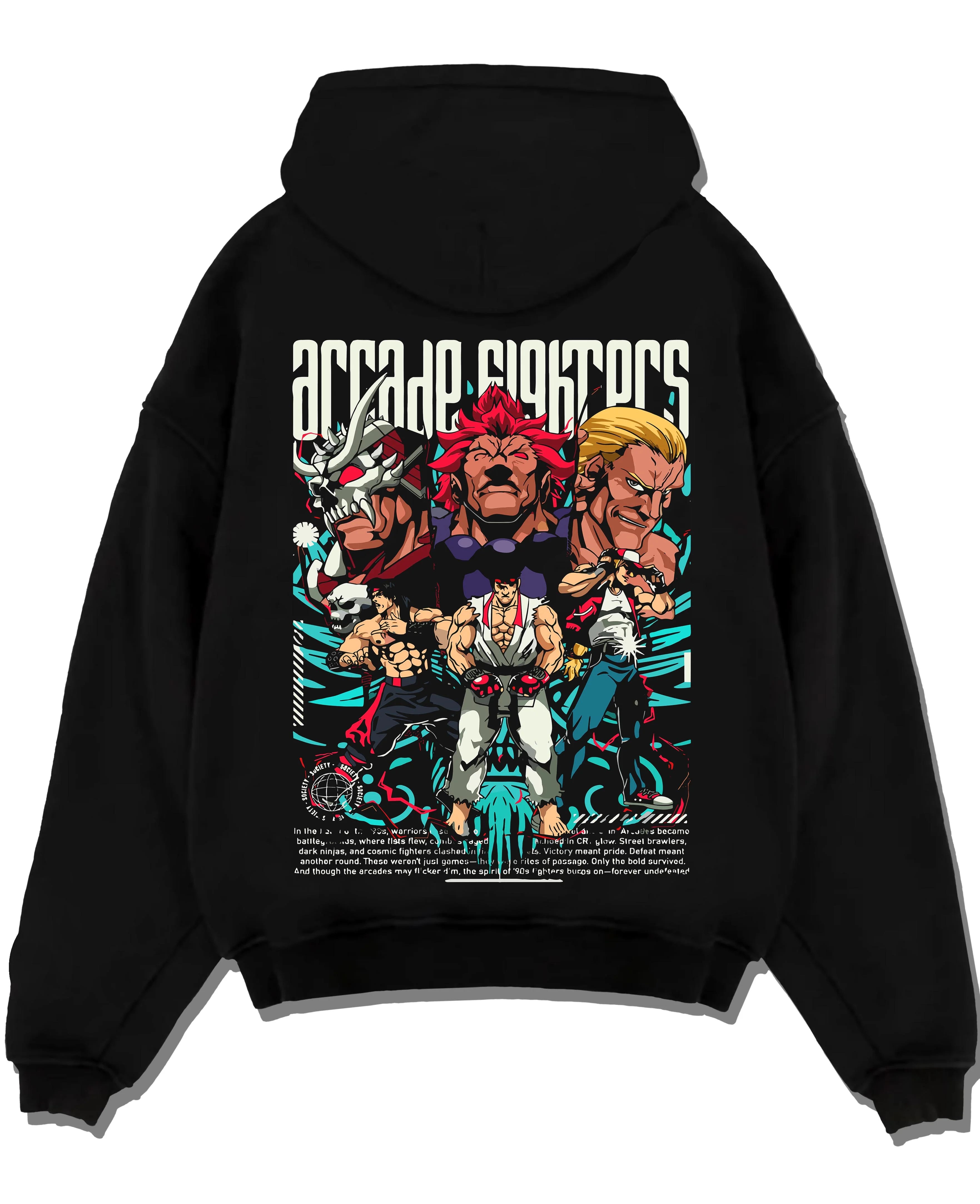 Black pullover hoodie laid flat with Arcade Legends Fighter Hoodie Street Fighter Fatal Fury graphic bold anime graphic.