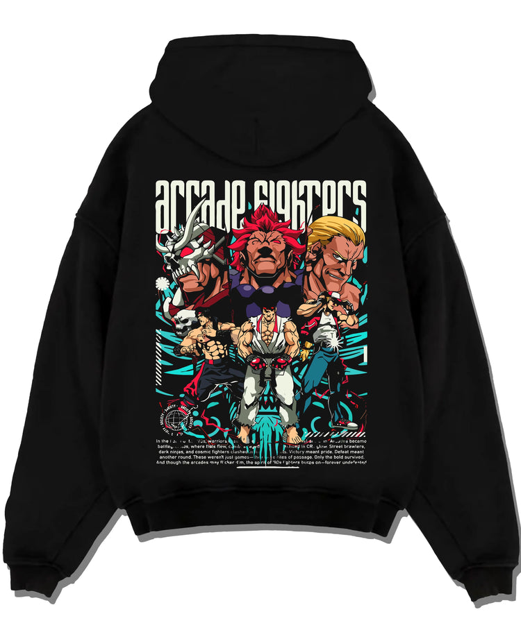 Black pullover hoodie laid flat with Arcade Legends Fighter Hoodie Street Fighter Fatal Fury graphic bold anime graphic.