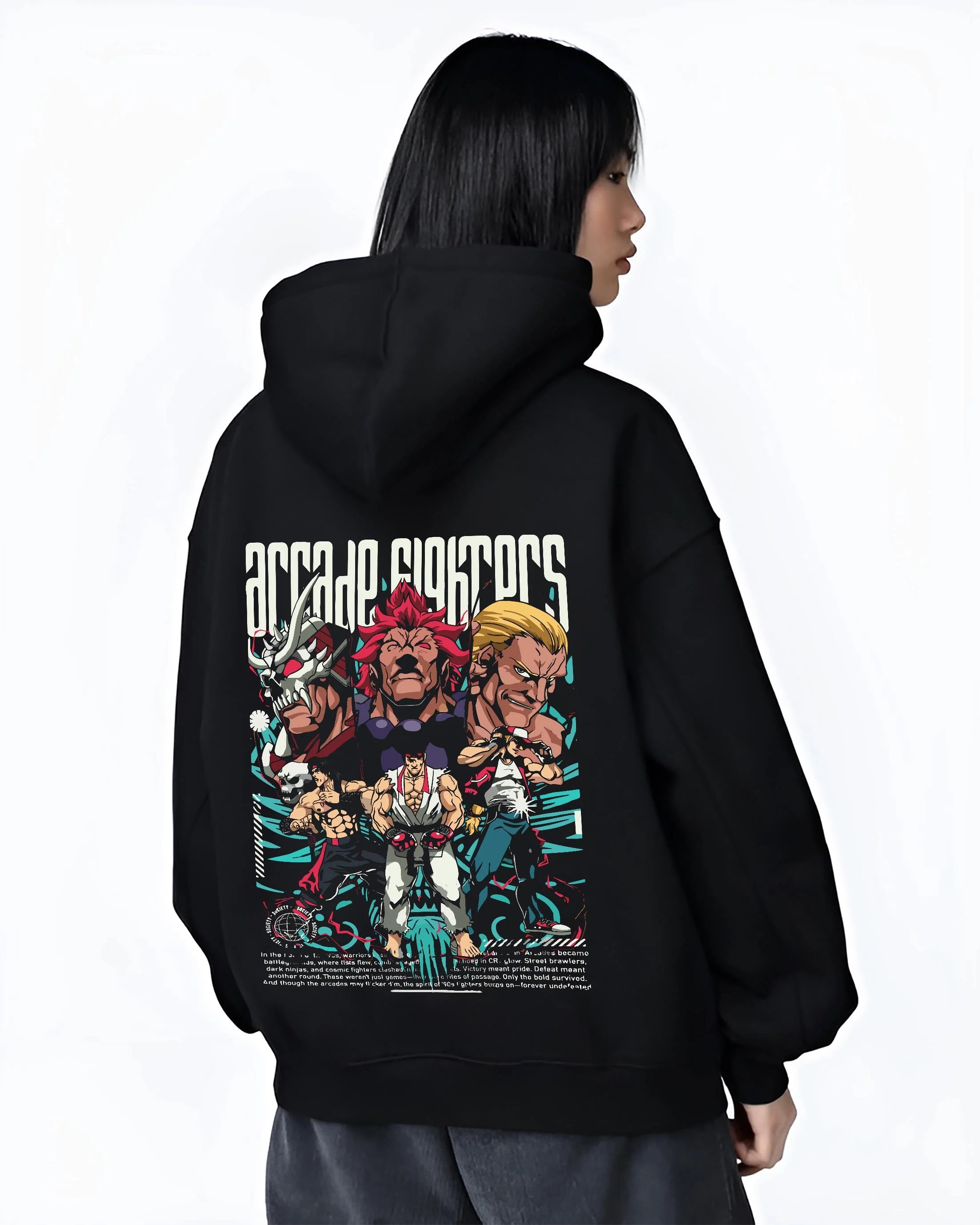 Black hoodie worn by female model, back view with Arcade Legends Fighter Hoodie Street Fighter Fatal Fury graphic streetwear graphic.