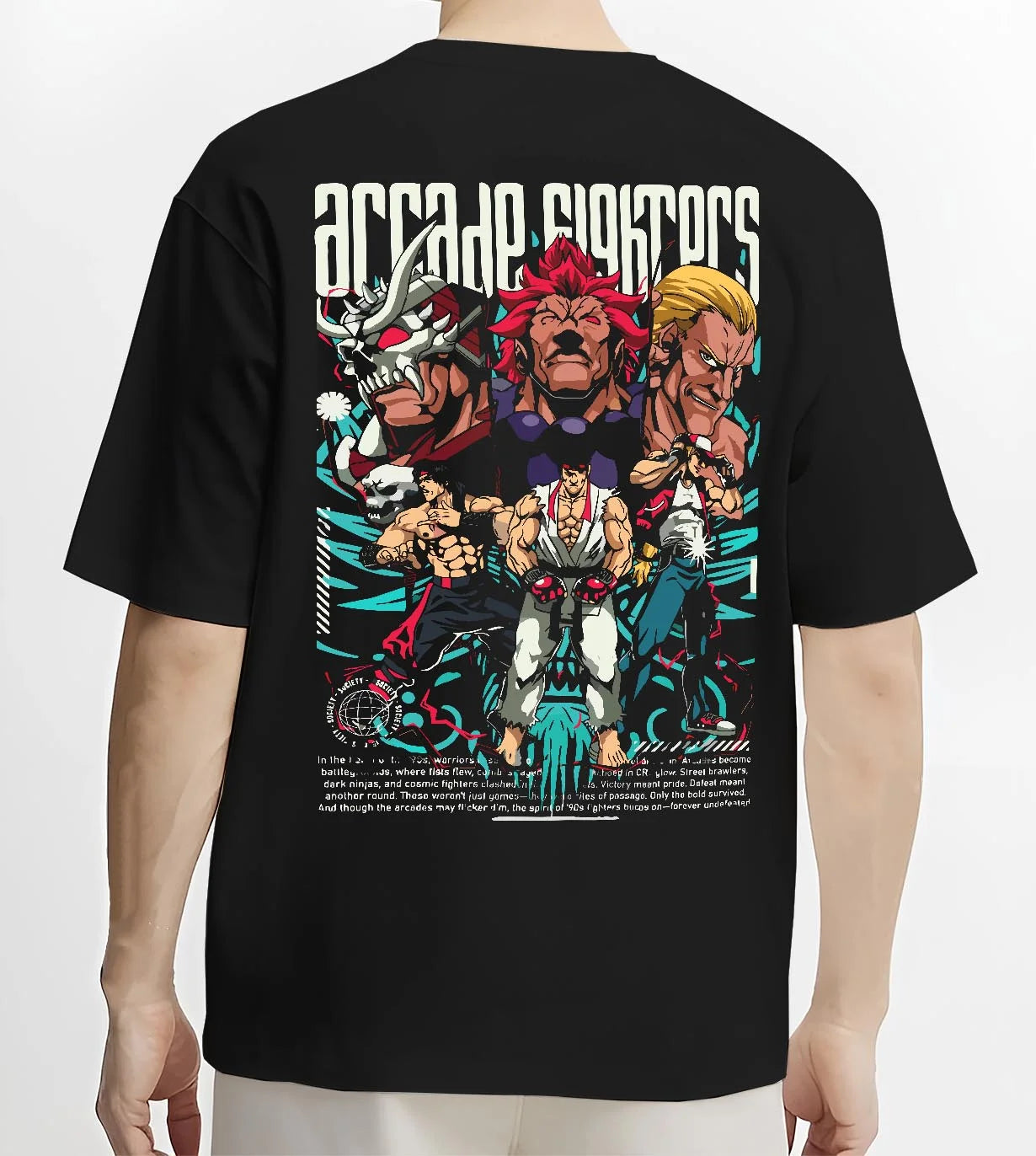 Black T-shirt worn by male model, back view with Arcade Legends Fighter Hoodie Street Fighter Fatal Fury graphic bold anime graphic.