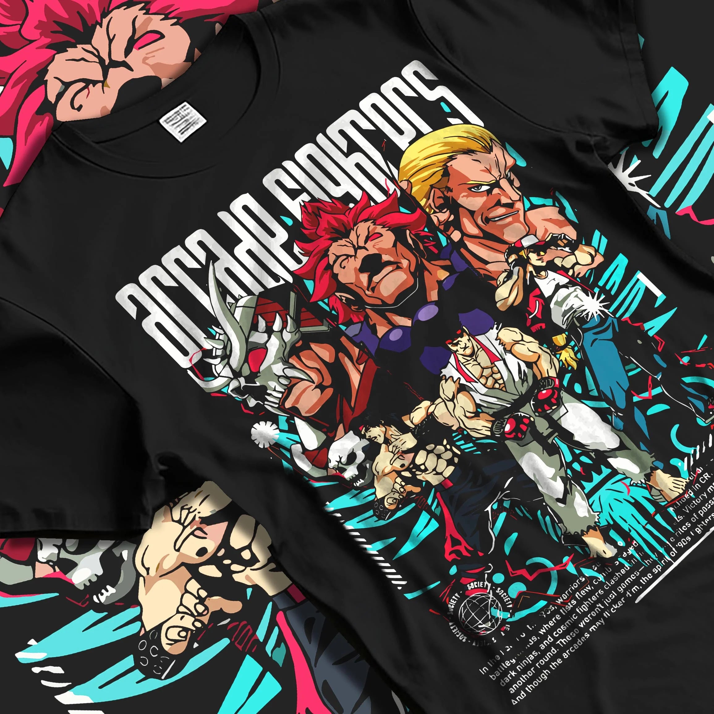 Black T-shirt laid flat with natural folds with Arcade Legends Fighter Hoodie Street Fighter Fatal Fury graphic streetwear graphic.