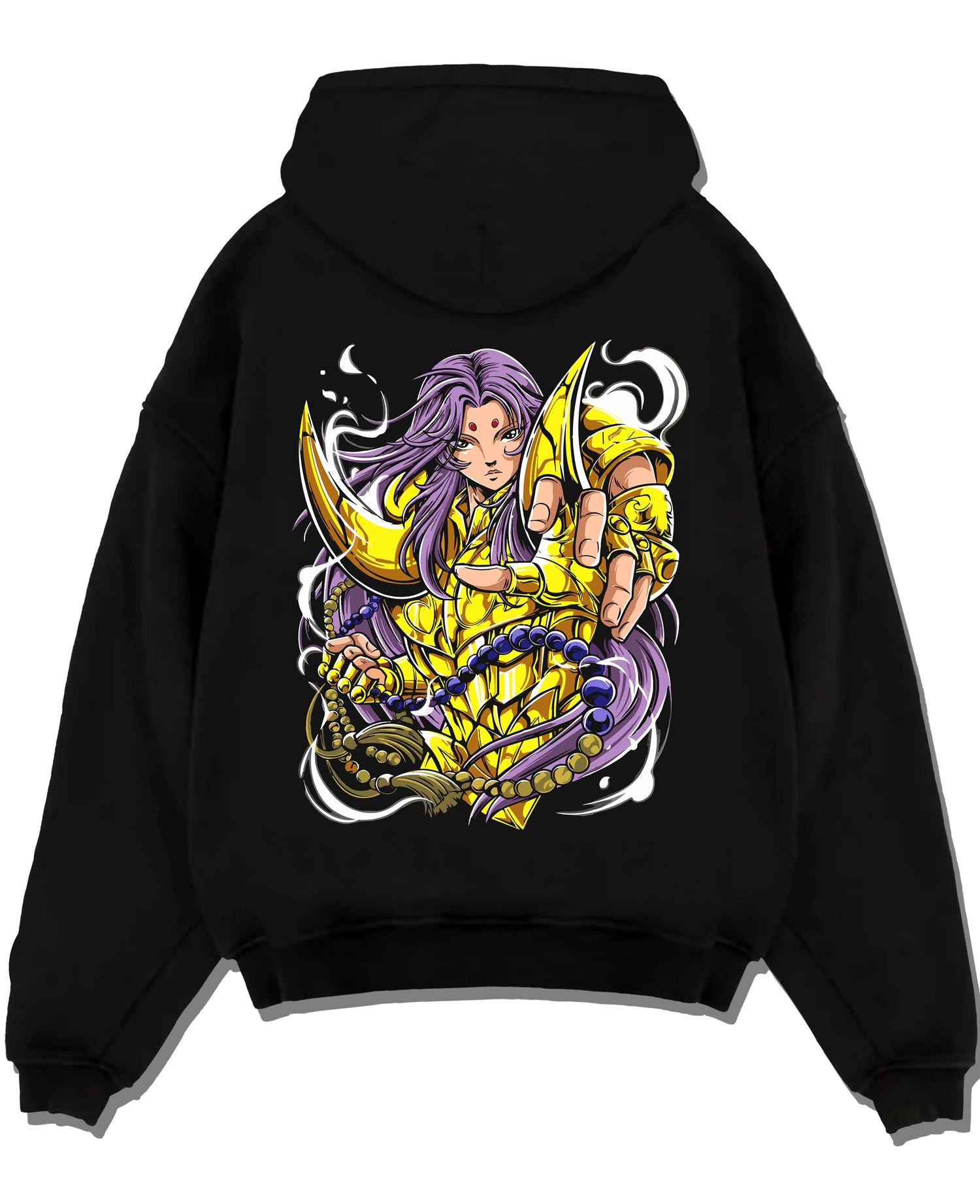 Black pullover hoodie laid flat with Aries Gold Saint Hoodie Saint Seiya Celestial Zodiac graphic bold anime graphic.