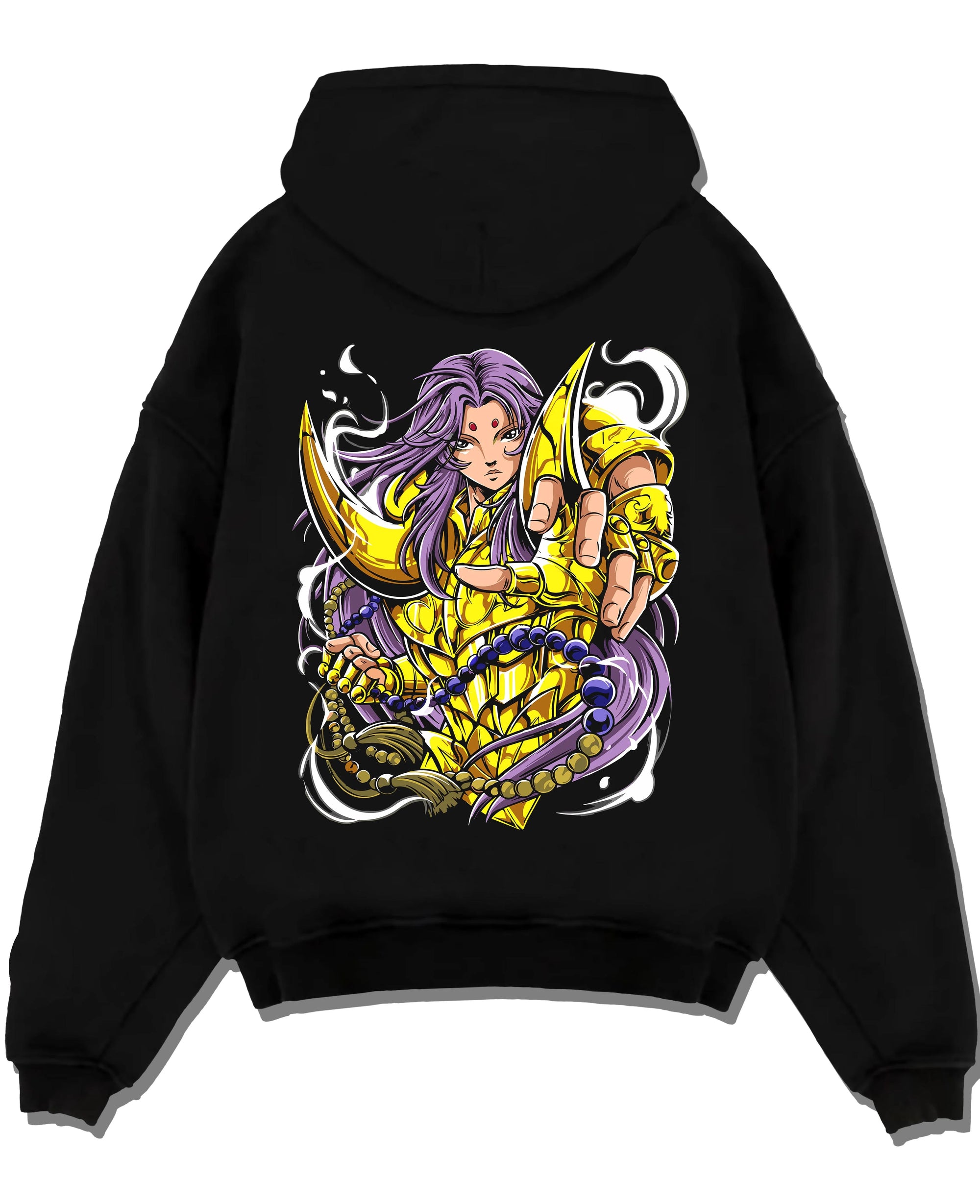 Black pullover hoodie laid flat with Aries Gold Saint Hoodie Saint Seiya Celestial Zodiac graphic bold anime graphic.