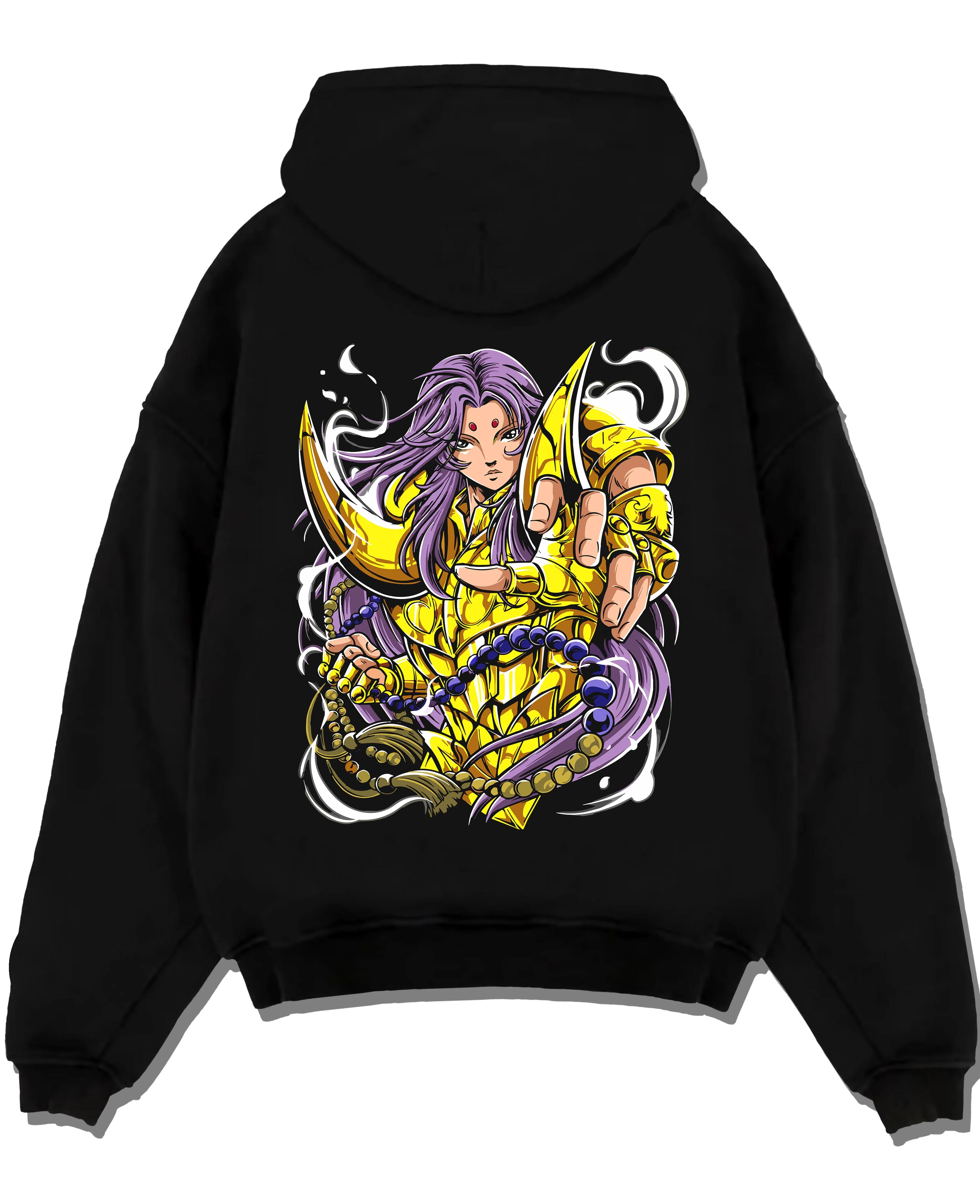 Black pullover hoodie laid flat with Aries Gold Saint Hoodie Saint Seiya Celestial Zodiac graphic bold anime graphic.