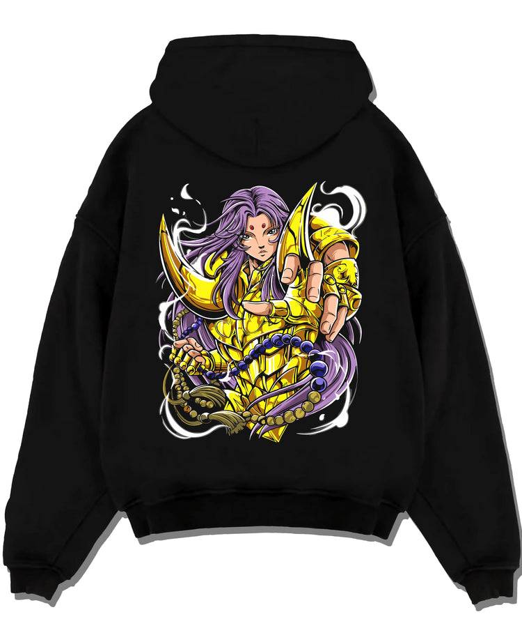 Black pullover hoodie laid flat with Aries Gold Saint Hoodie Saint Seiya Celestial Zodiac graphic bold anime graphic.