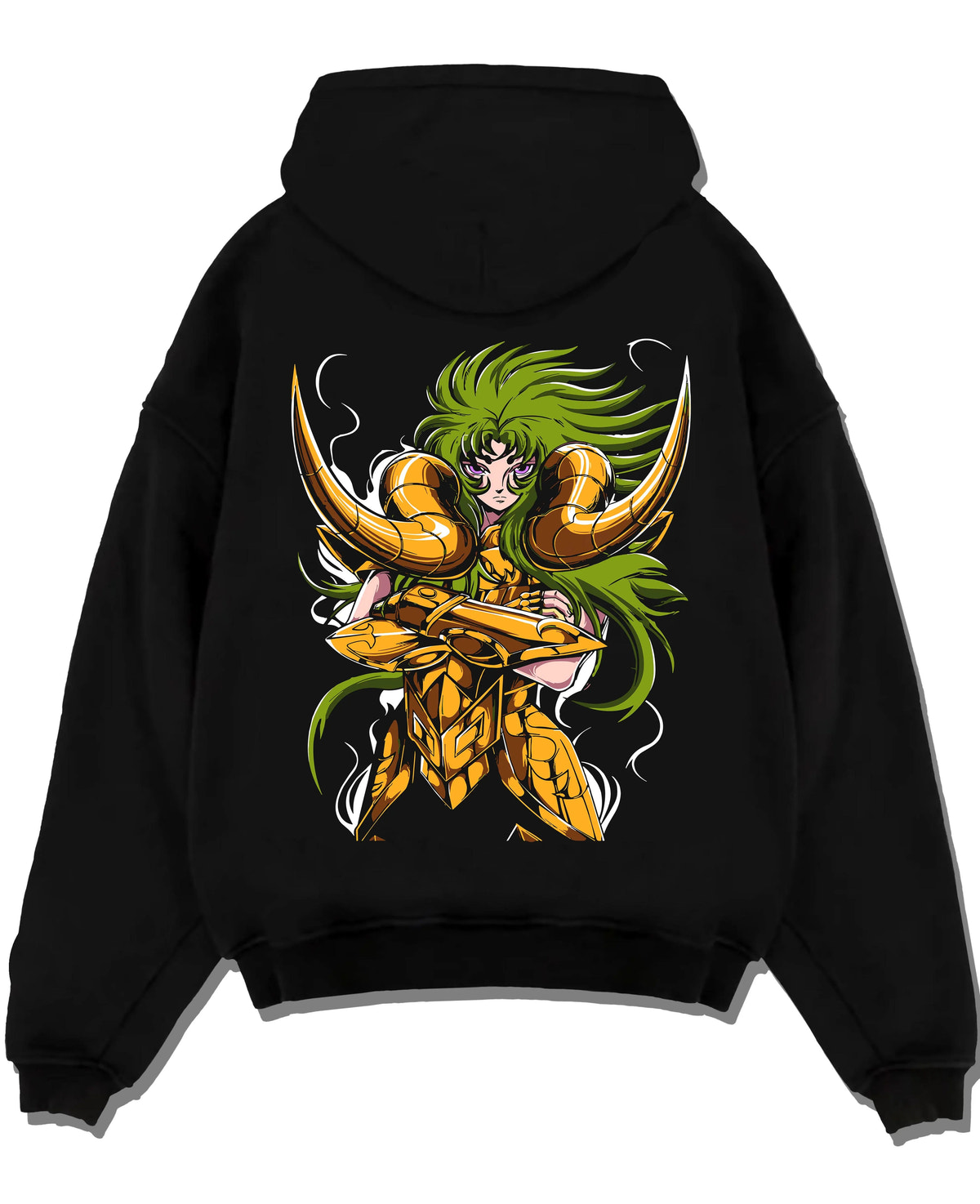 Black hoodie laid flat featuring Aries Mu Gold Saint Saint Seiya zodiac armour artwork with bold anime graphic print.