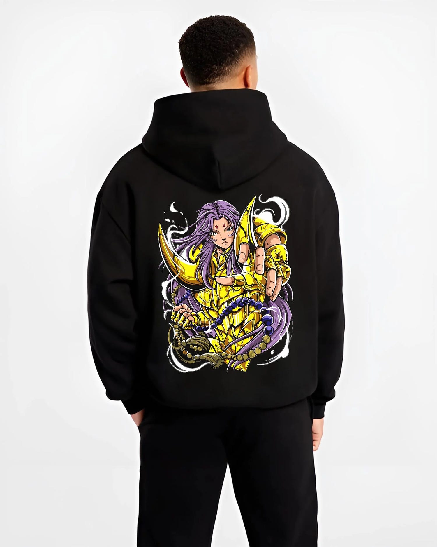 Black hoodie worn by male model, back view with Aries Gold Saint Hoodie Saint Seiya Celestial Zodiac graphic Mu inspired graphic.