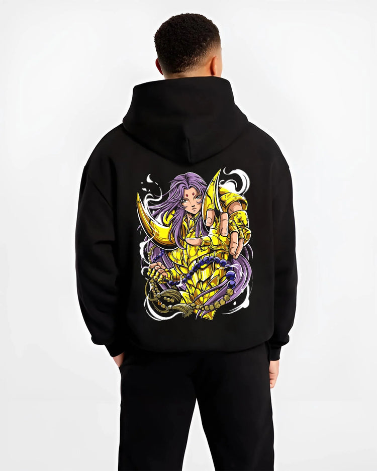 Black hoodie worn by male model, back view with Aries Gold Saint Hoodie Saint Seiya Celestial Zodiac graphic Mu inspired graphic.