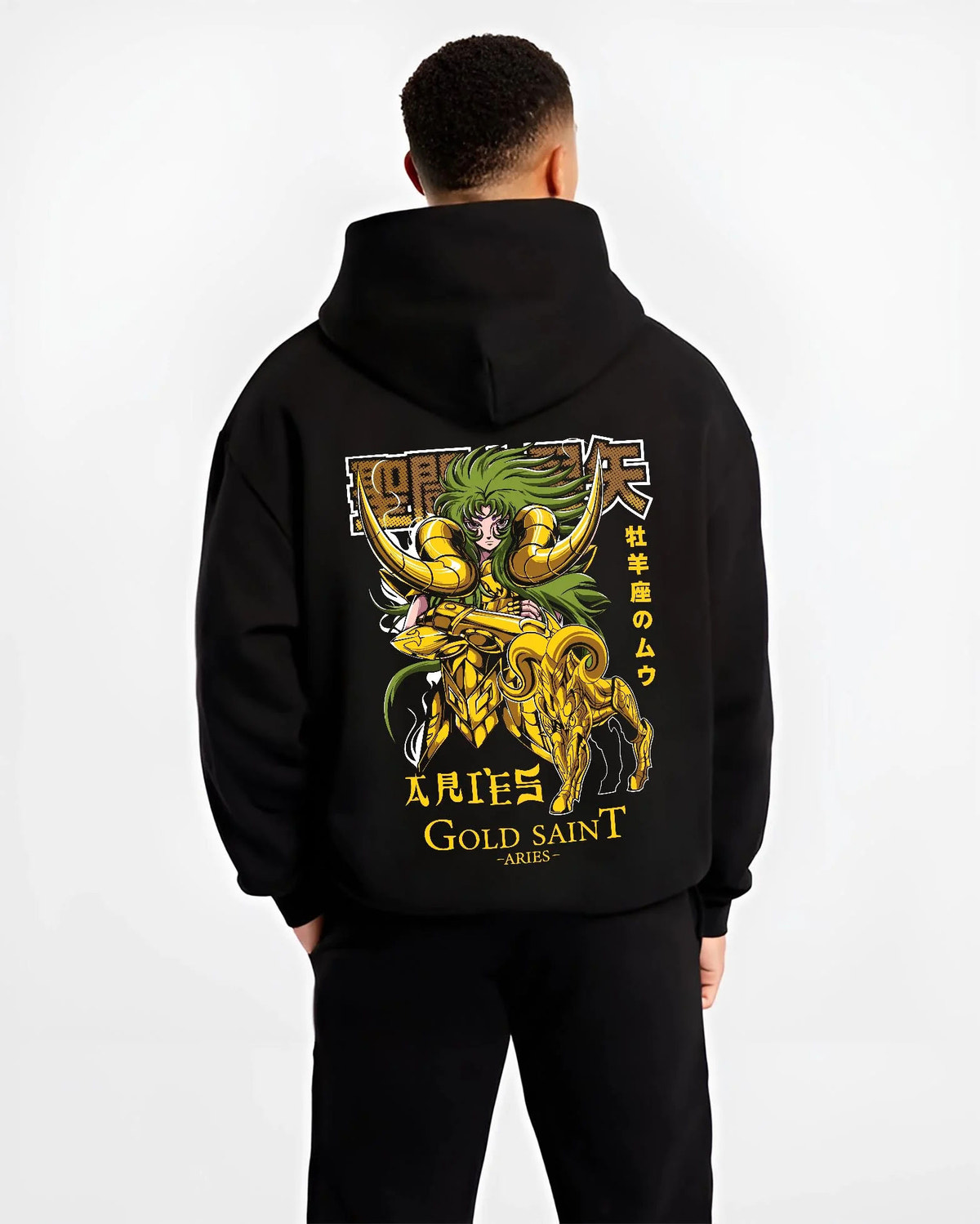Black hoodie worn by male model from the back featuring Aries Mu Saint Seiya Gold Cloth cosmic artwork.