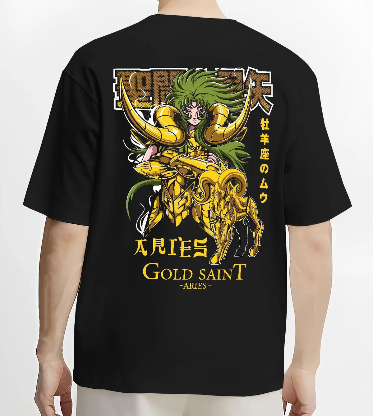 Black T-shirt worn by male model from the back featuring Aries Mu Saint Seiya Gold Cloth cosmic artwork.