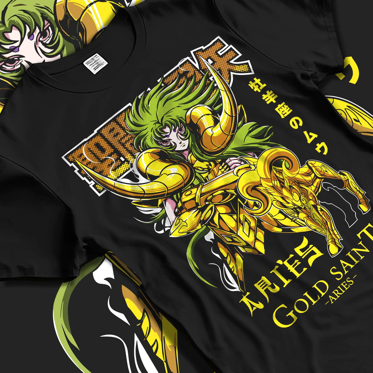Black T-shirt laid flat with natural folds featuring Aries Mu Saint Seiya Gold Cloth cosmic artwork.