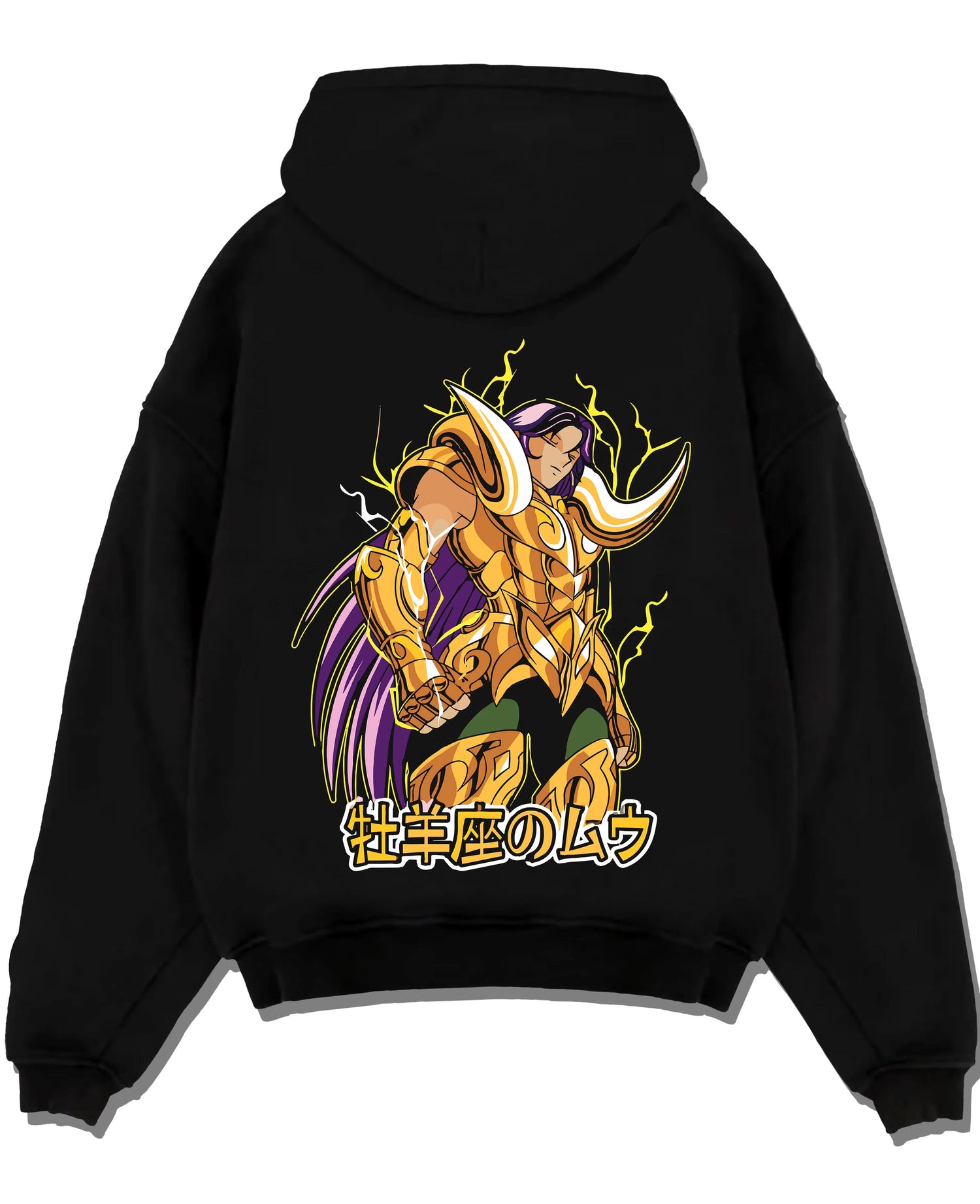 Black pullover hoodie laid flat with Aries Gold Saint Hoodie Saint Seiya Cloth Armour Battle graphic streetwear graphic.