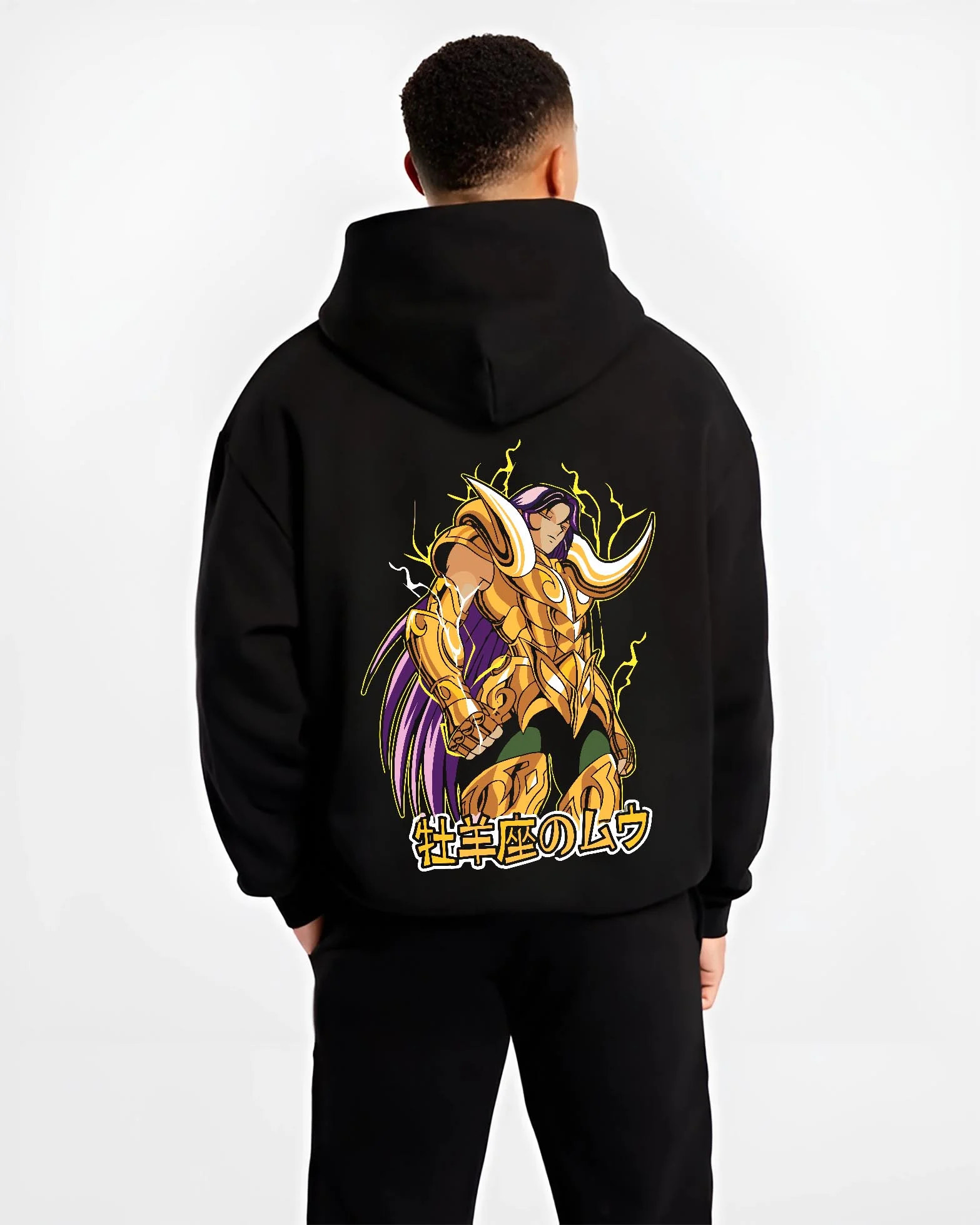 Black hoodie worn by male model, back view with Aries Gold Saint Hoodie Saint Seiya Cloth Armour Battle graphic streetwear graphic.
