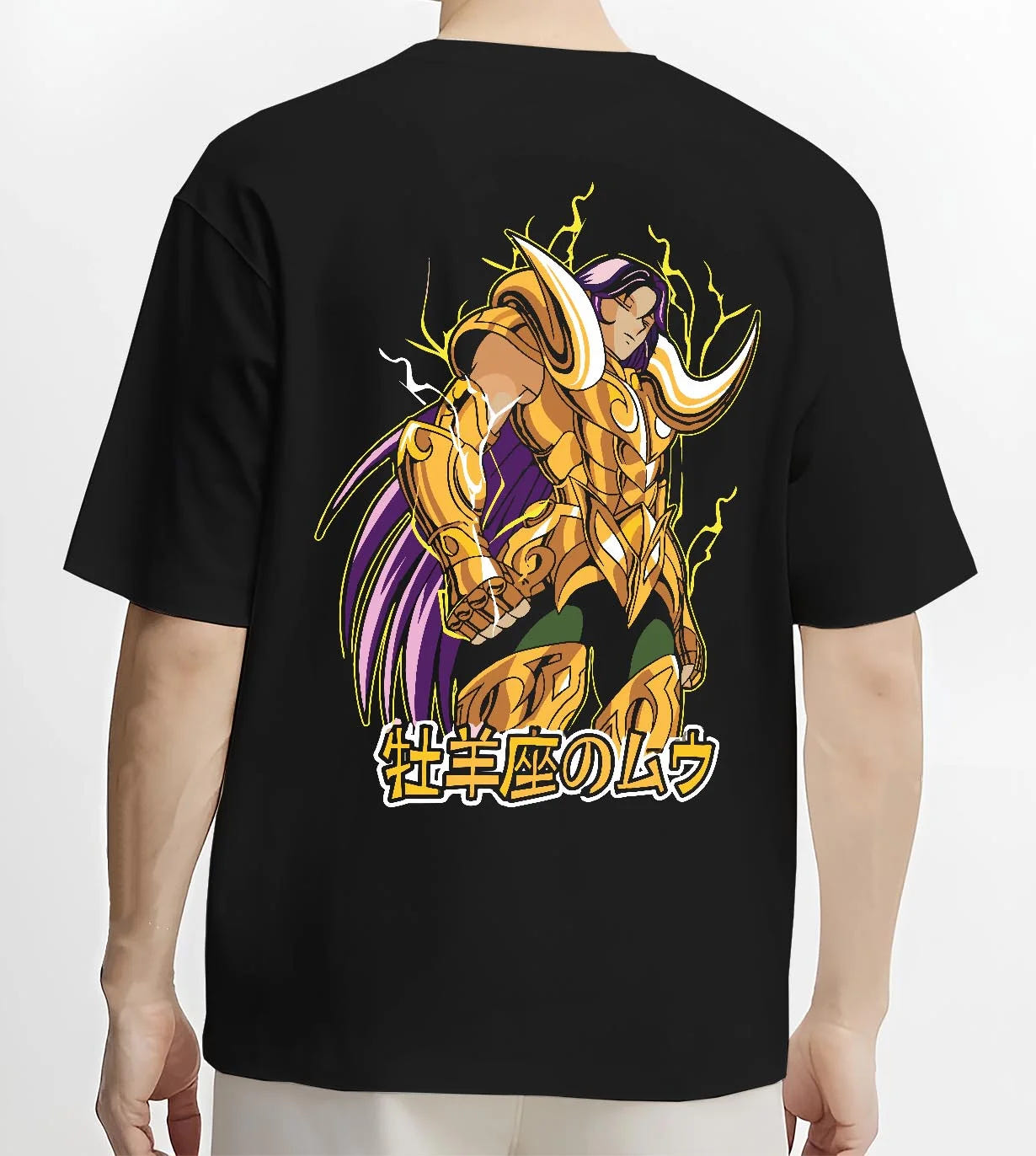 Black T-shirt worn by male model, back view with Aries Gold Saint Hoodie Saint Seiya Cloth Armour Battle graphic streetwear graphic.