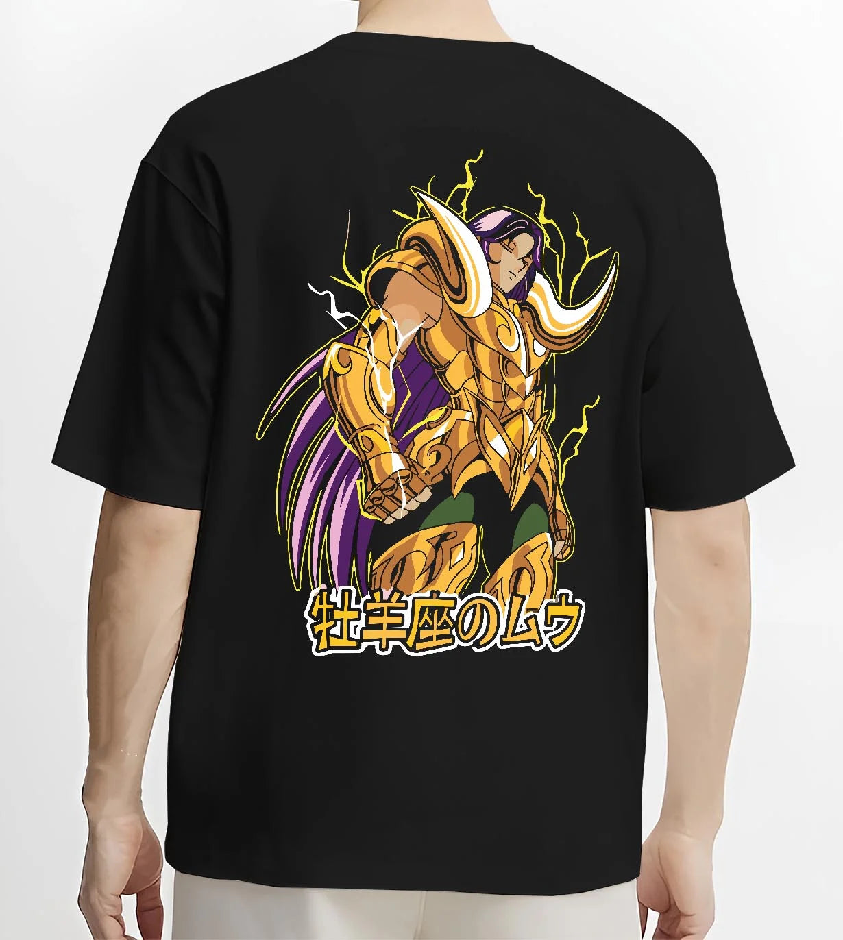 Black T-shirt worn by male model, back view with Aries Gold Saint Hoodie Saint Seiya Cloth Armour Battle graphic streetwear graphic.
