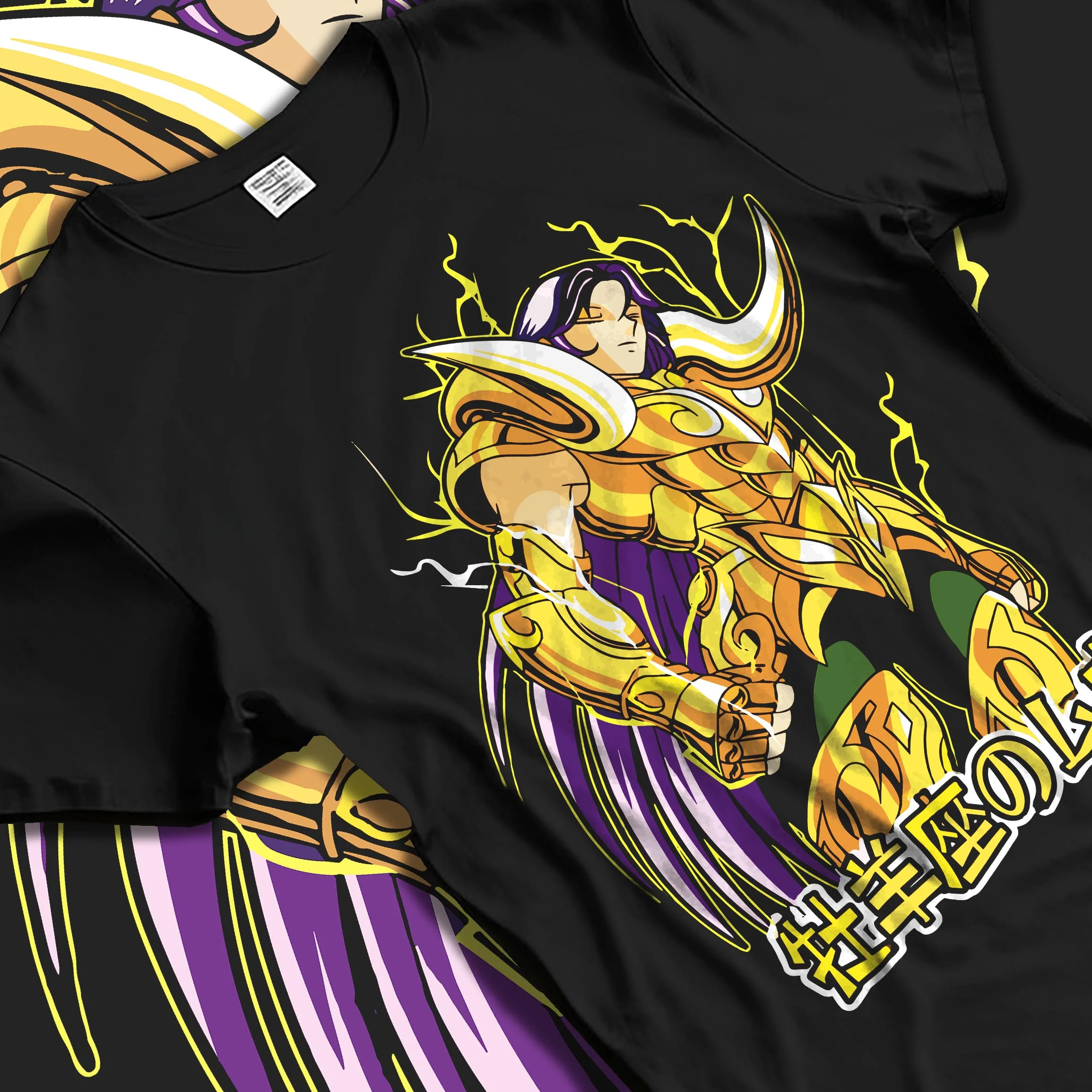 Black T-shirt laid flat with natural folds with Aries Gold Saint Hoodie Saint Seiya Cloth Armour Battle graphic streetwear graphic.