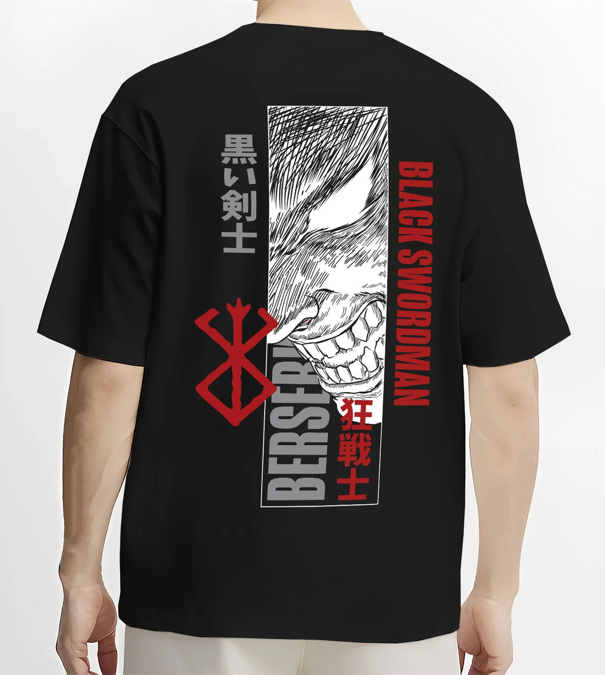 Black T-shirt model back view showing Guts from Berserk: Black Swordsman manga artwork