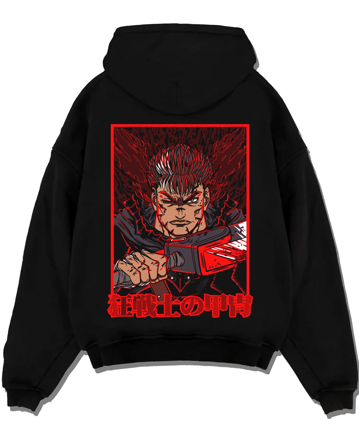 Black pullover hoodie laid flat featuring Guts Berserk anime poster inspired dark manga panel artwork with retro streetwear graphic style.