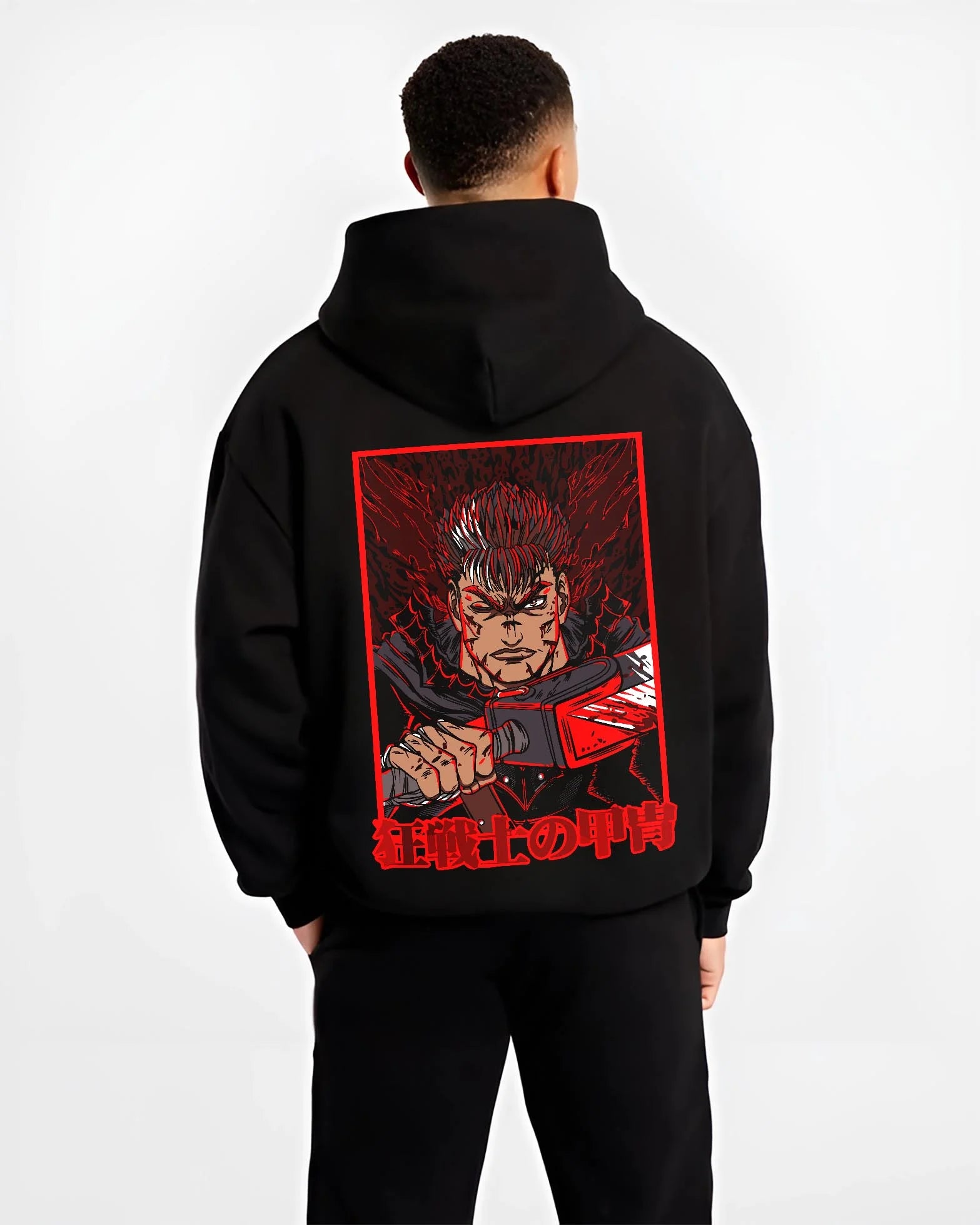 Black hoodie worn by male model, back view with Dandadan Turbo Granny Hoodie Lucky Cat Anime Jumper graphic bold anime graphic.
