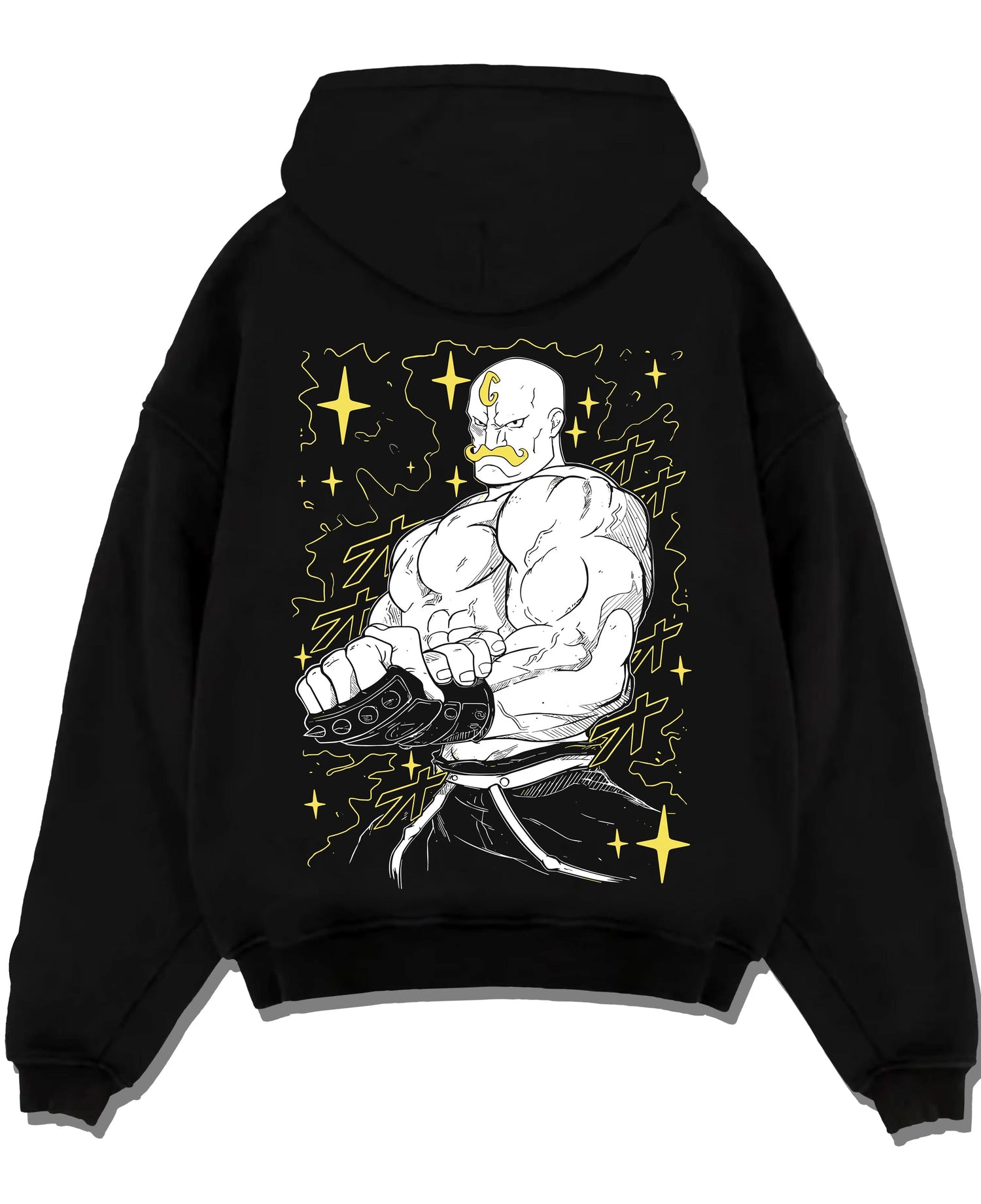 Black pullover hoodie laid flat with Armstrong Hoodie Fullmetal Alchemist Strongman Alchemy graphic bold anime graphic.