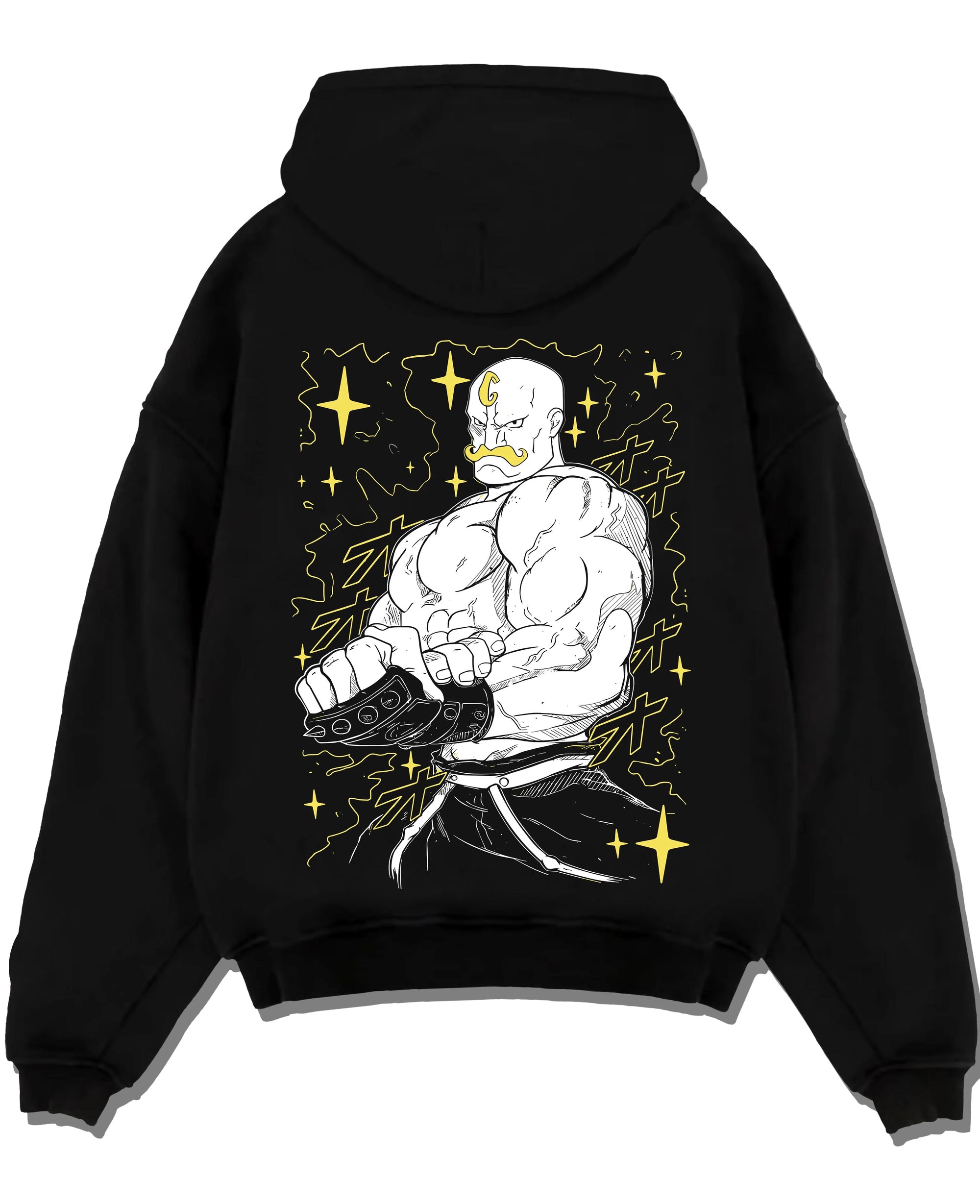 Black pullover hoodie laid flat with Armstrong Hoodie Fullmetal Alchemist Strongman Alchemy graphic bold anime graphic.