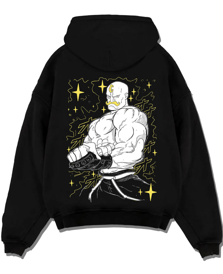 Black pullover hoodie laid flat with Armstrong Hoodie Fullmetal Alchemist Strongman Alchemy graphic bold anime graphic.