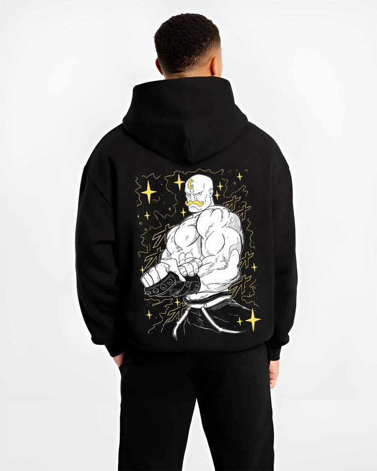 Black hoodie worn by male model, back view with Armstrong Hoodie Fullmetal Alchemist Strongman Alchemy graphic premium wear.