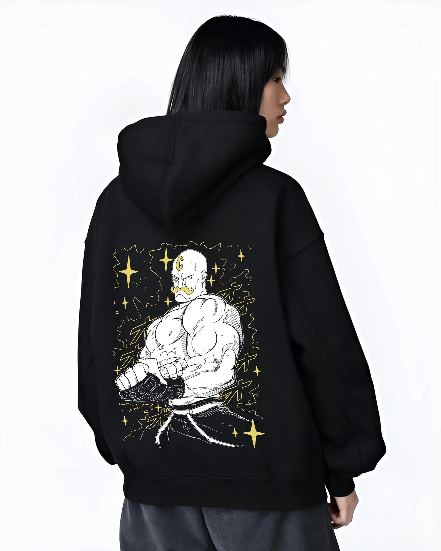 Black hoodie worn by female model, back view with Armstrong Hoodie Fullmetal Alchemist Strongman Alchemy graphic premium wear.
