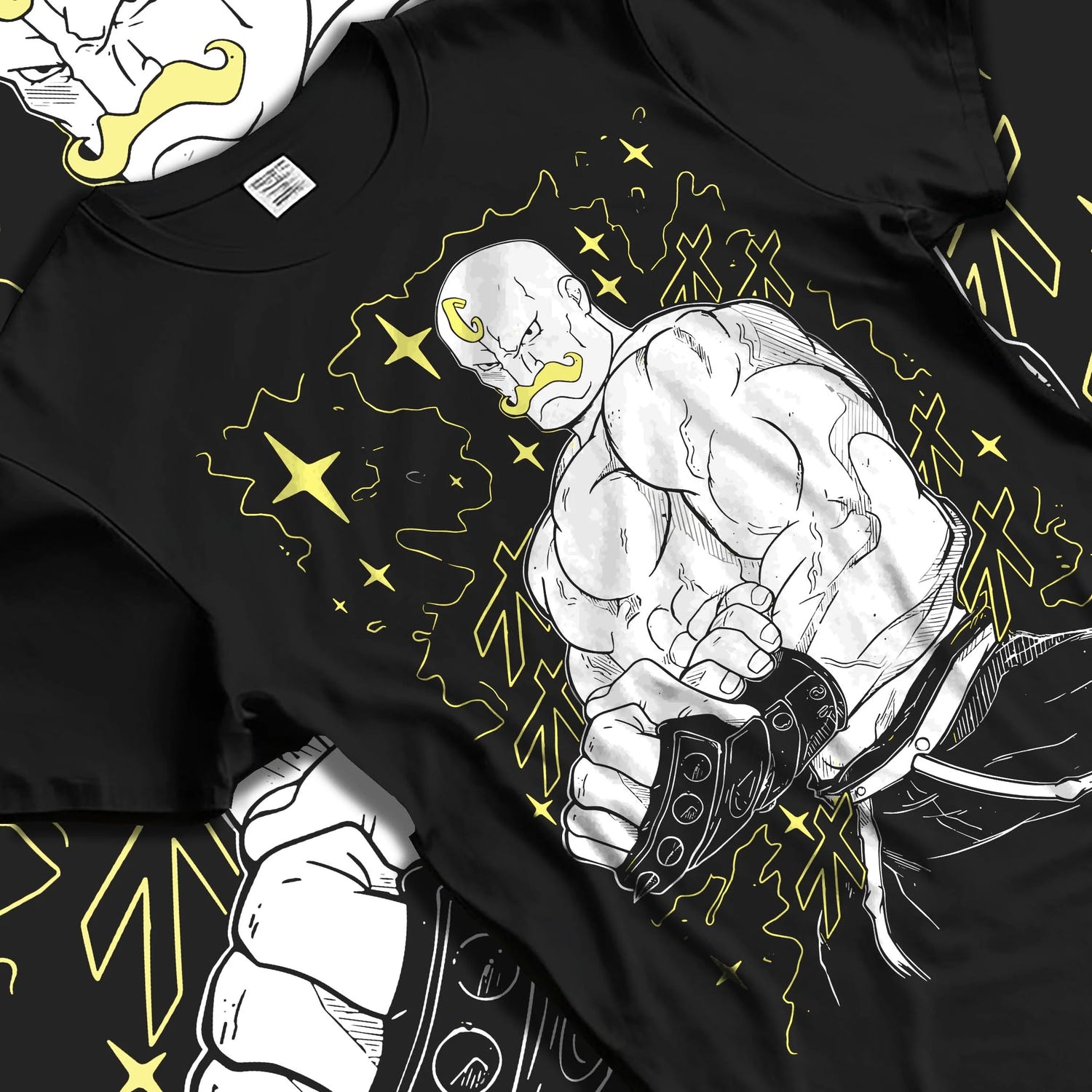 Black T-shirt laid flat with natural folds with Armstrong Hoodie Fullmetal Alchemist Strongman Alchemy graphic streetwear graphic.