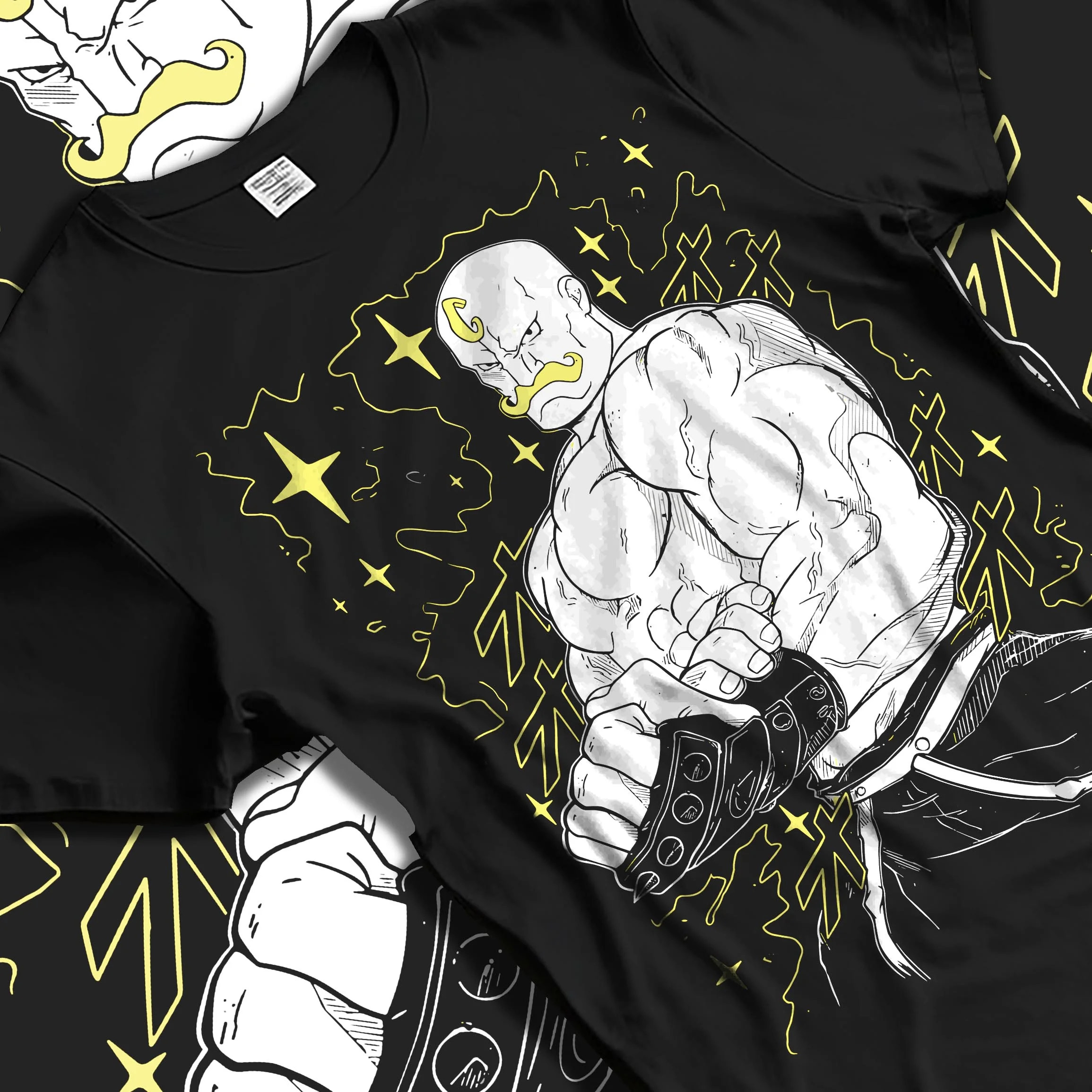 Black T-shirt laid flat with natural folds with Armstrong Hoodie Fullmetal Alchemist Strongman Alchemy graphic streetwear graphic.