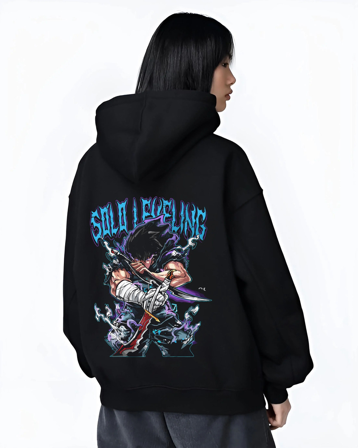 Black hoodie worn by female model from the back featuring Amestris Army Fullmetal Alchemist power artwork.