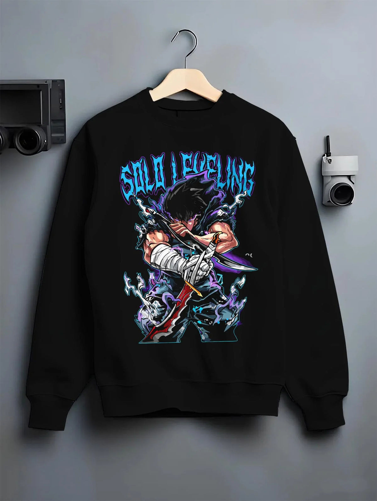 Black crewneck sweatshirt on hanger featuring Amestris Army Fullmetal Alchemist power artwork.