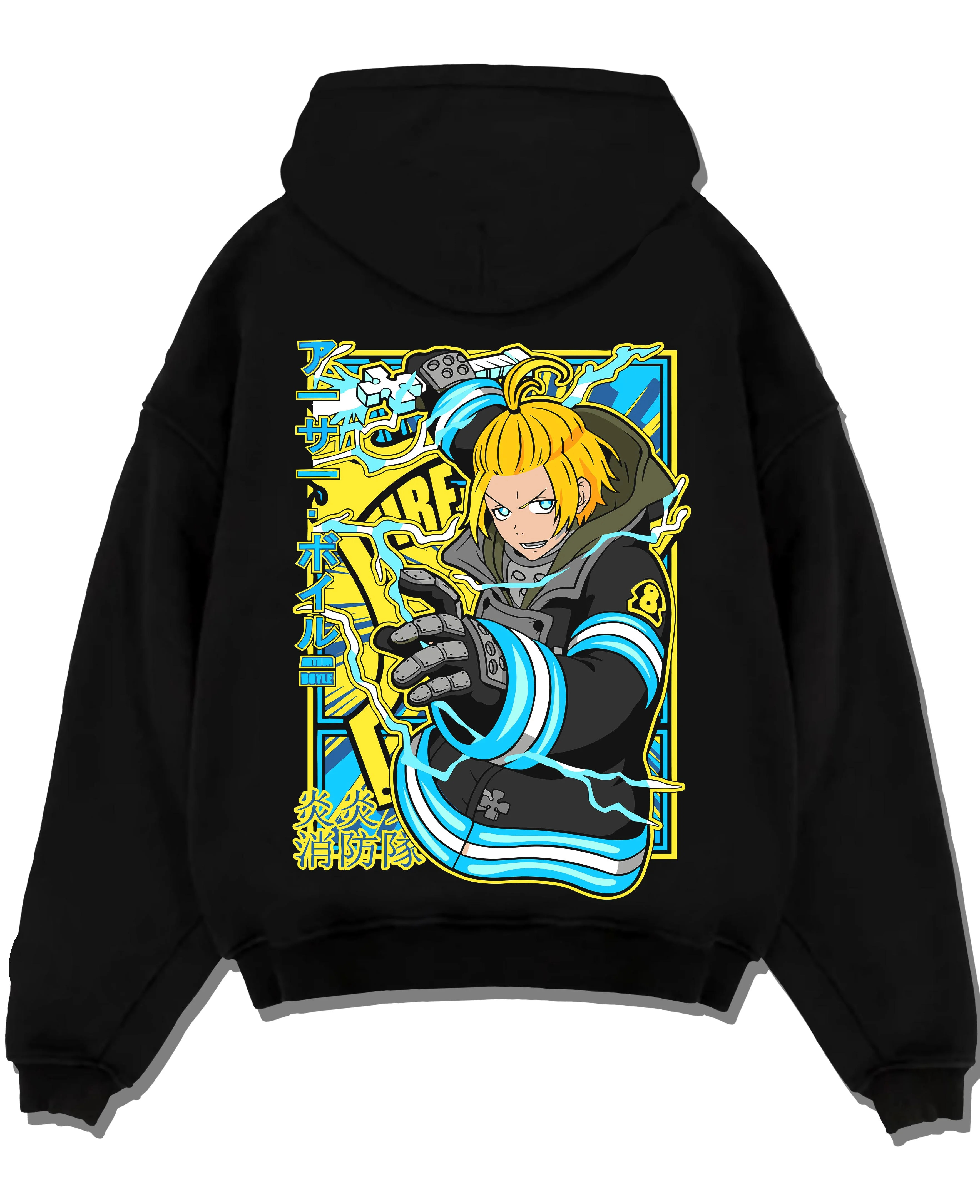 Black pullover hoodie laid flat with Arthur Boyle Hoodie Fire Force Plasma Blade Ignition graphic streetwear graphic.