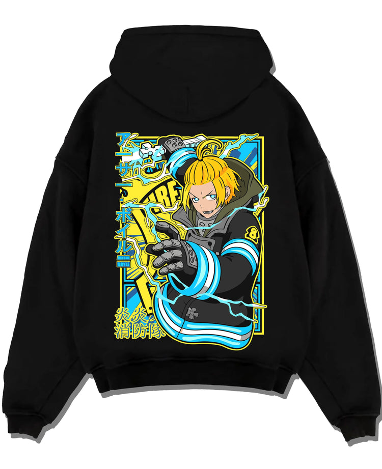 Black pullover hoodie laid flat with Arthur Boyle Hoodie Fire Force Plasma Blade Ignition graphic streetwear graphic.