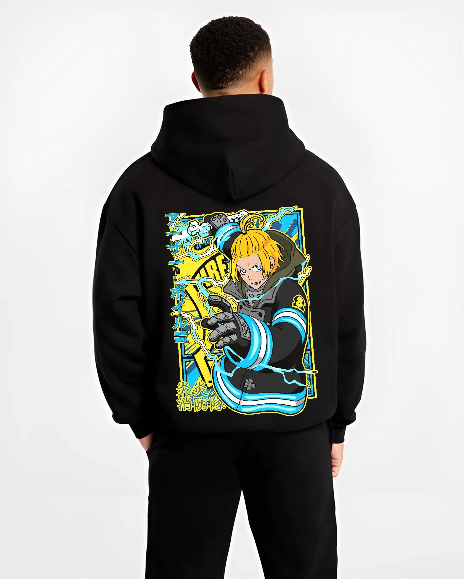 Black hoodie worn by male model, back view with Arthur Boyle Hoodie Fire Force Plasma Blade Ignition graphic bold anime graphic.