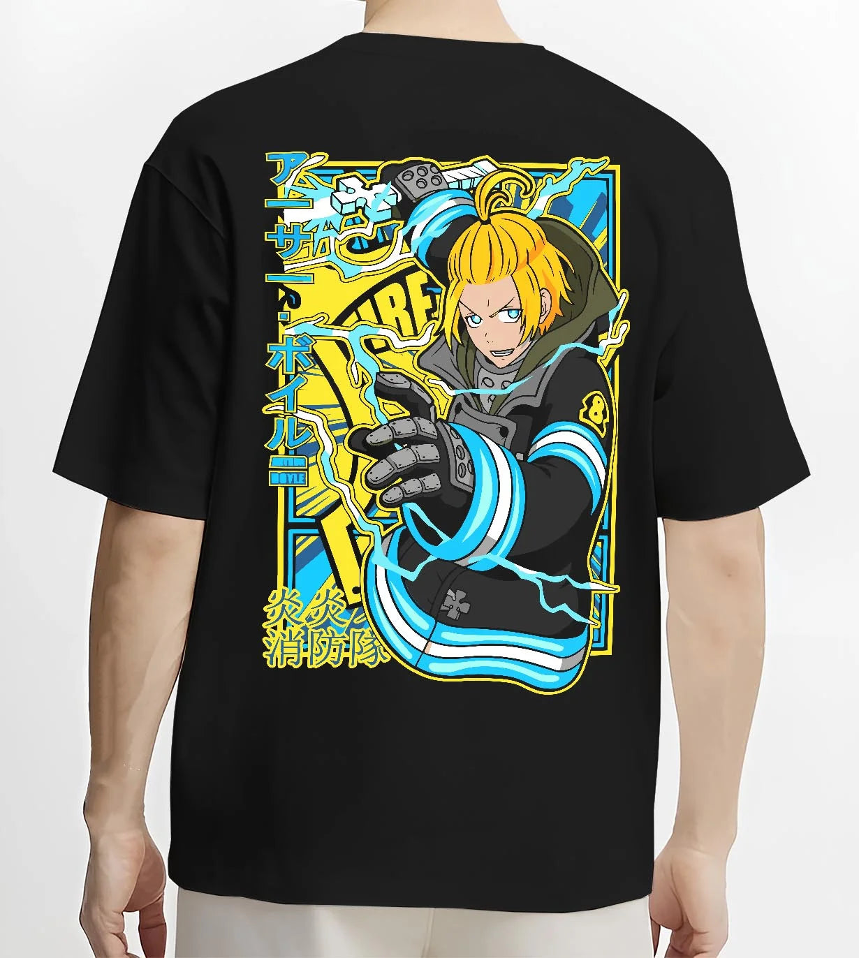 Black T-shirt worn by male model, back view with Arthur Boyle Hoodie Fire Force Plasma Blade Ignition graphic streetwear graphic.