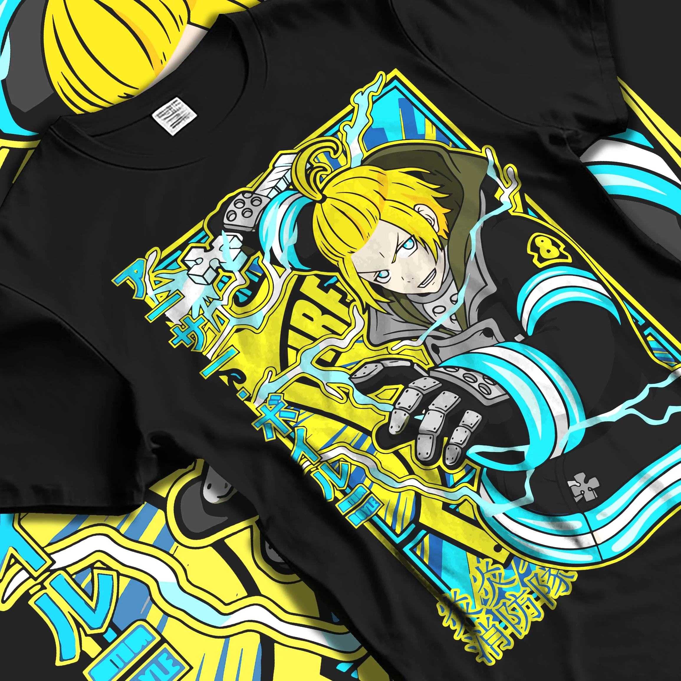 Black T-shirt laid flat with natural folds with Arthur Boyle Hoodie Fire Force Plasma Blade Ignition graphic streetwear graphic.