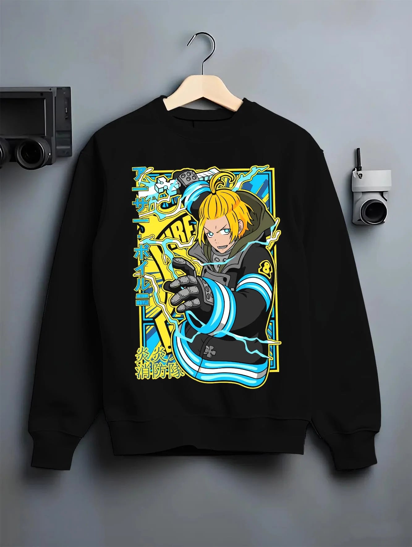Black crewneck sweatshirt on hanger with Arthur Boyle Hoodie Fire Force Plasma Blade Ignition graphic premium wear.