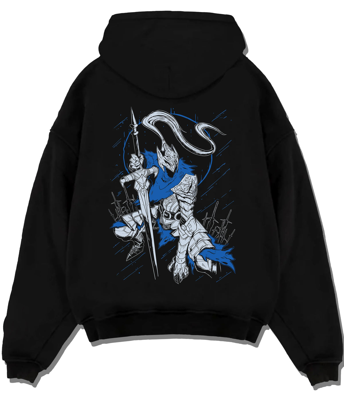 Black hoodie flat back view showing Artorias the Abysswalker from Dark Souls: armoured swordsman carrying a longsword