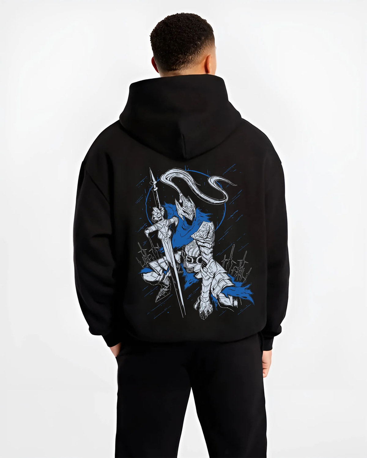 Black hoodie model back view showing Artorias the Abysswalker from Dark Souls: armoured swordsman carrying a longsword