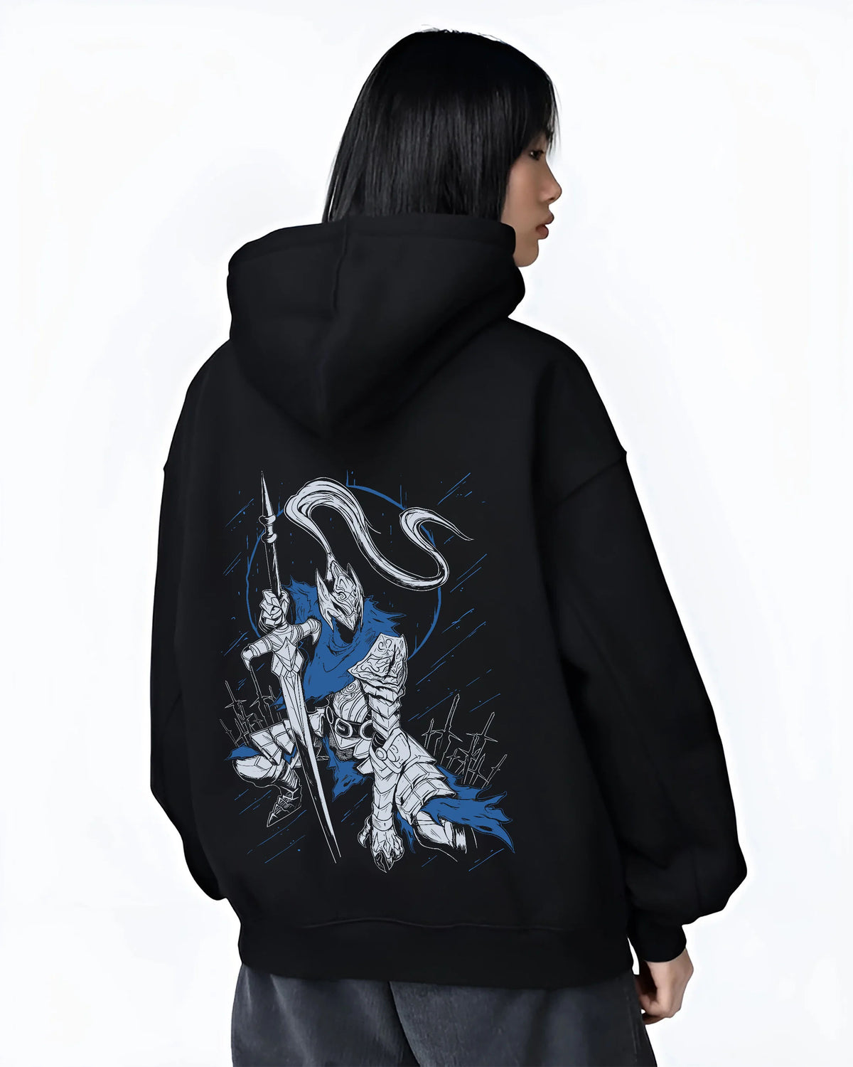 Black hoodie female model back view showing Artorias the Abysswalker from Dark Souls: armoured swordsman carrying a longsword