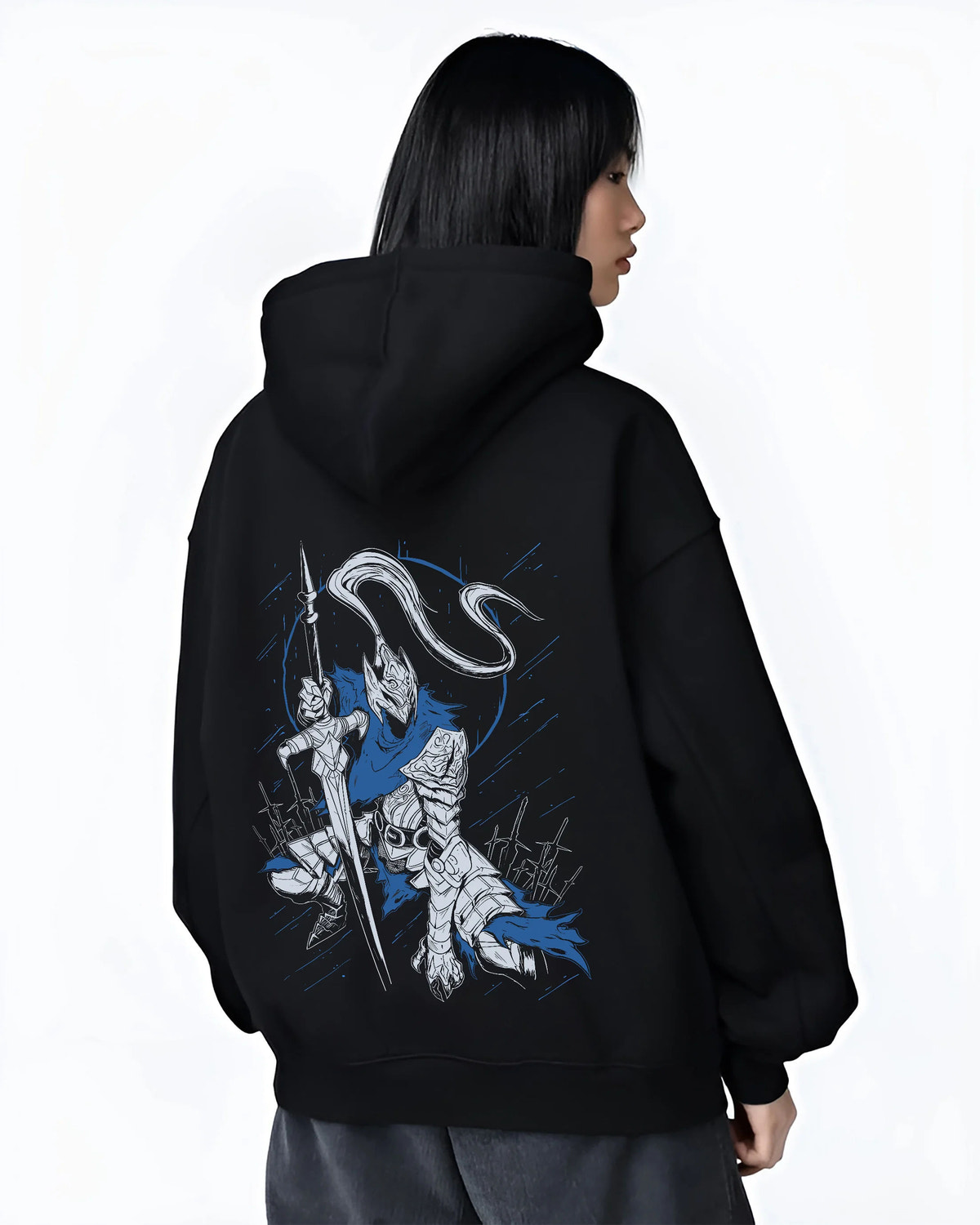 Black hoodie female model back view showing Artorias the Abysswalker from Dark Souls: armoured swordsman carrying a longsword