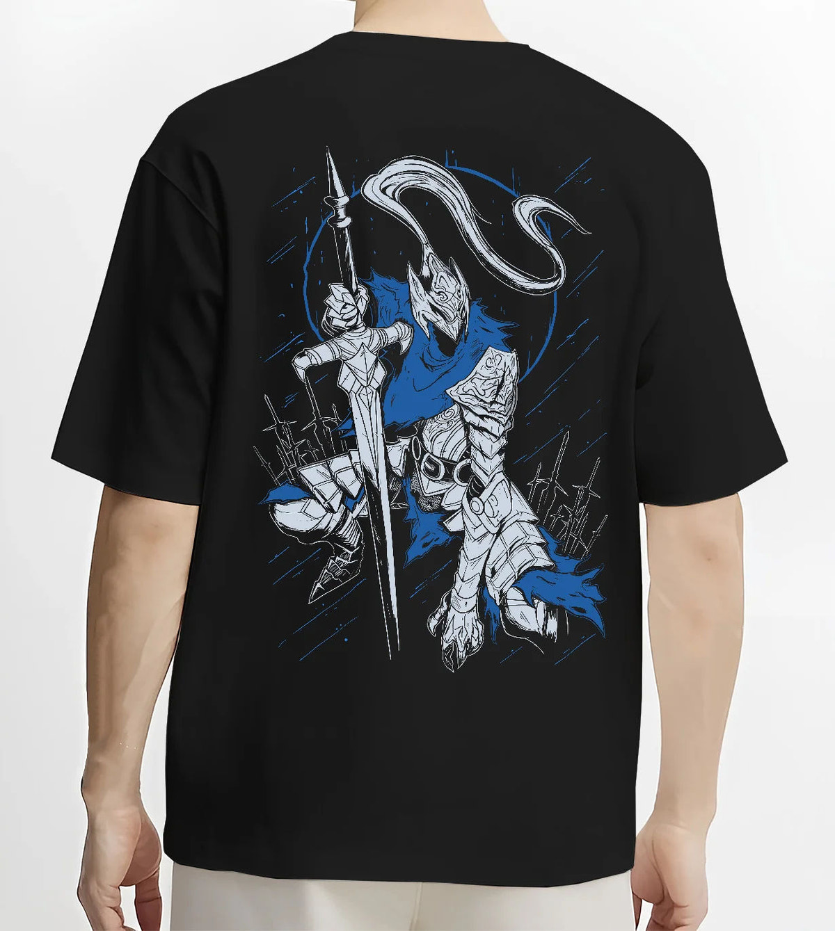 Black T-shirt model back view showing Artorias the Abysswalker from Dark Souls: armoured swordsman carrying a longsword