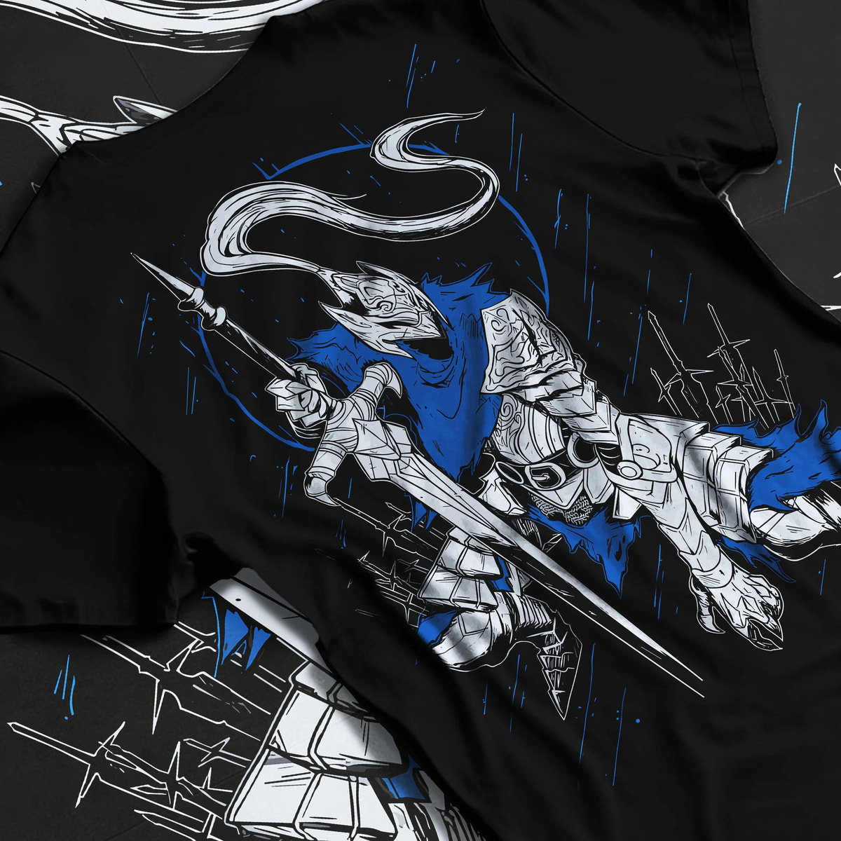 Black T-shirt flat back view showing Artorias the Abysswalker from Dark Souls: armoured swordsman carrying a longsword