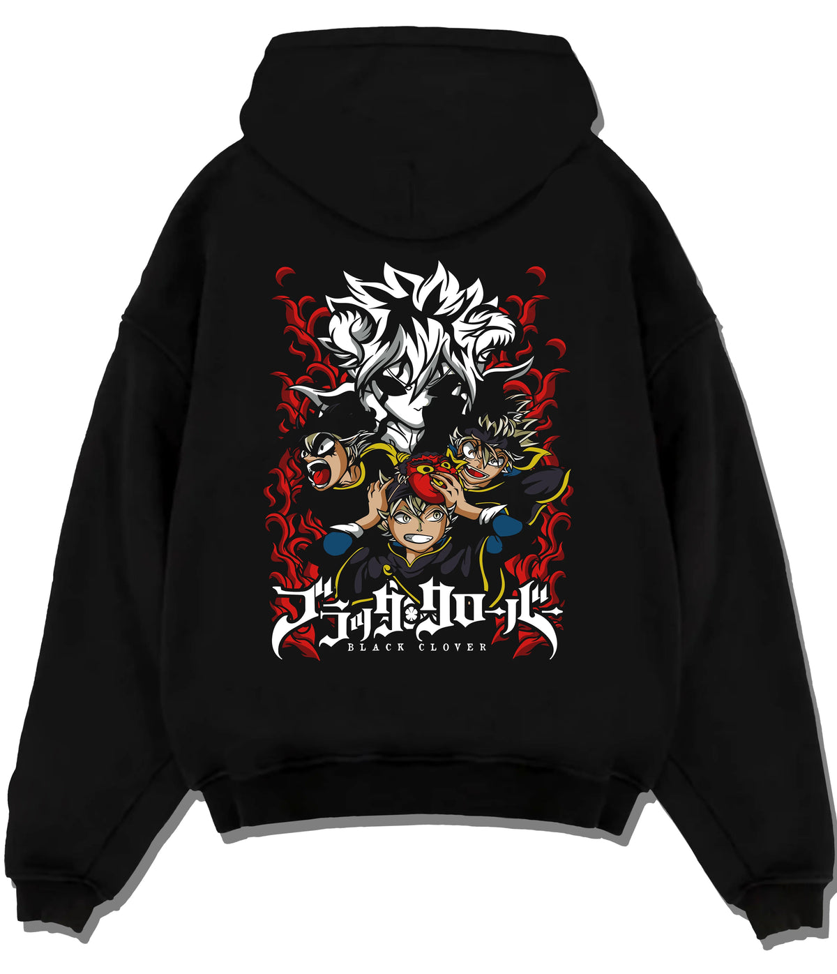 Black hoodie flat back view with Asta and Black Clover cast illustrated back graphic