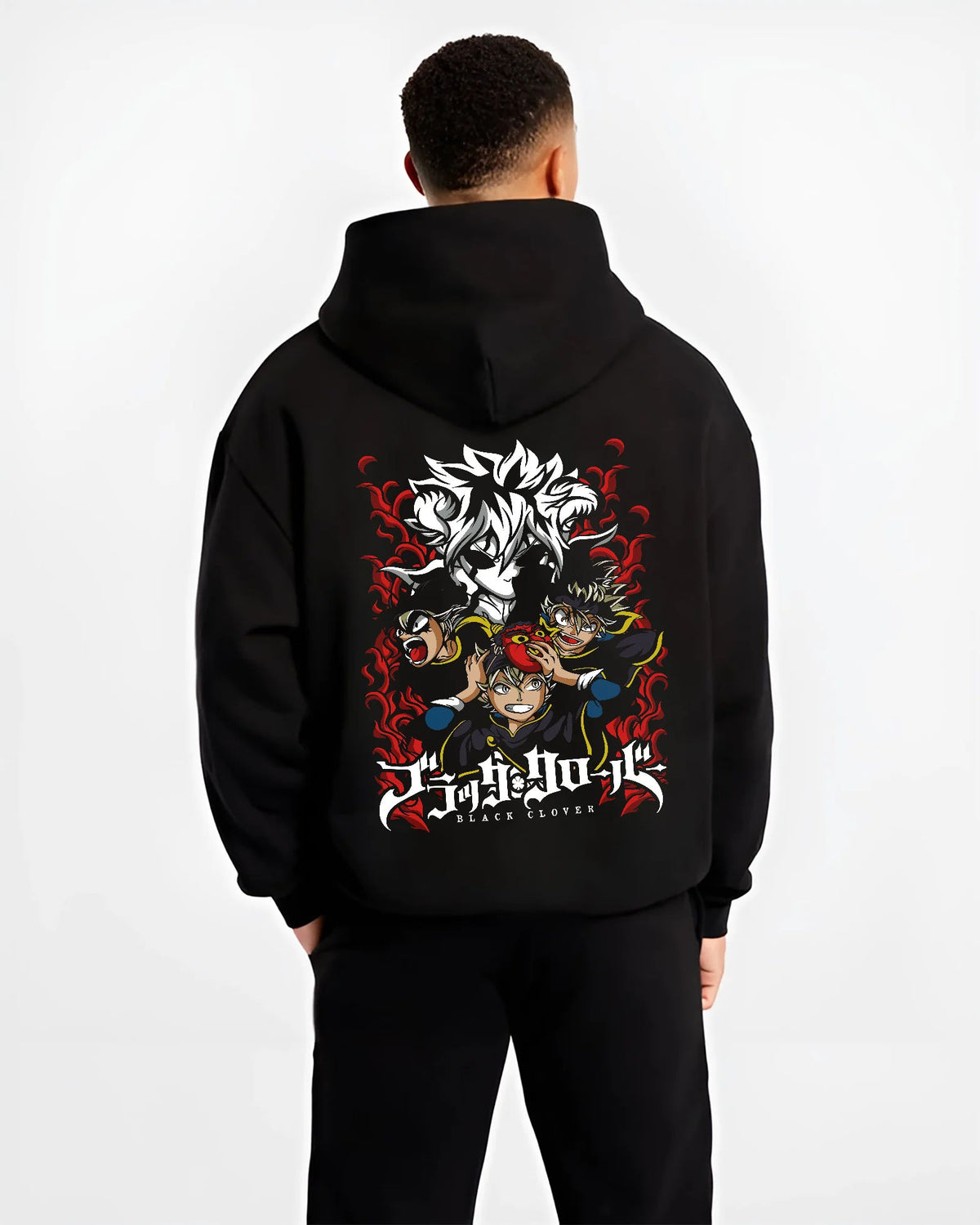 Black hoodie model back view with Asta and Black Clover cast illustrated back graphic