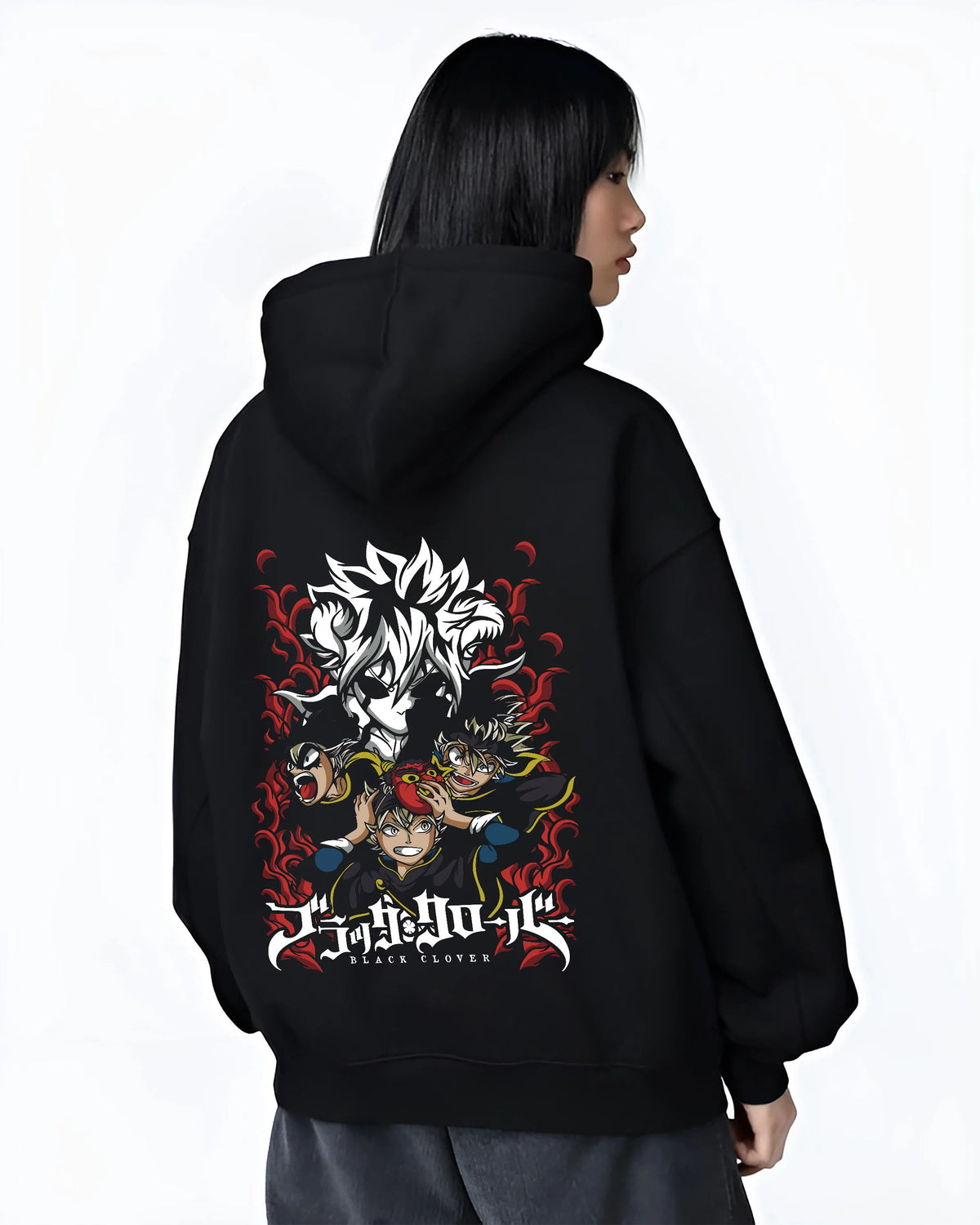 Black hoodie female model back view with Asta and Black Clover cast illustrated back graphic