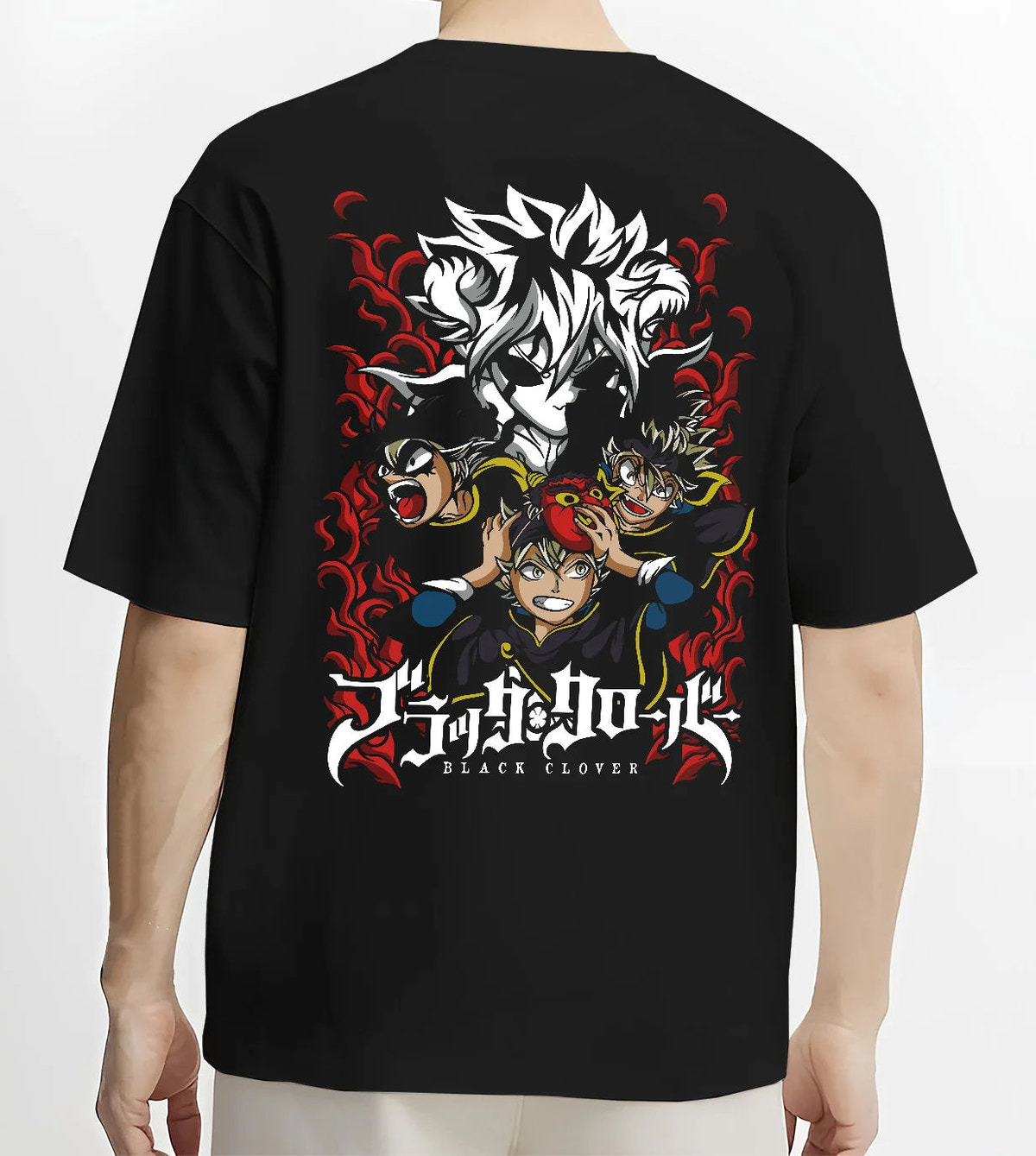 Black T-shirt model back view with Asta and Black Clover cast illustrated back graphic