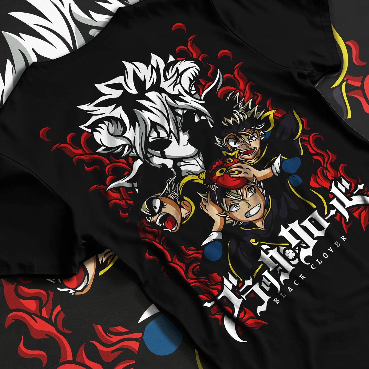 Black T-shirt flat back view with Asta and Black Clover cast illustrated back graphic